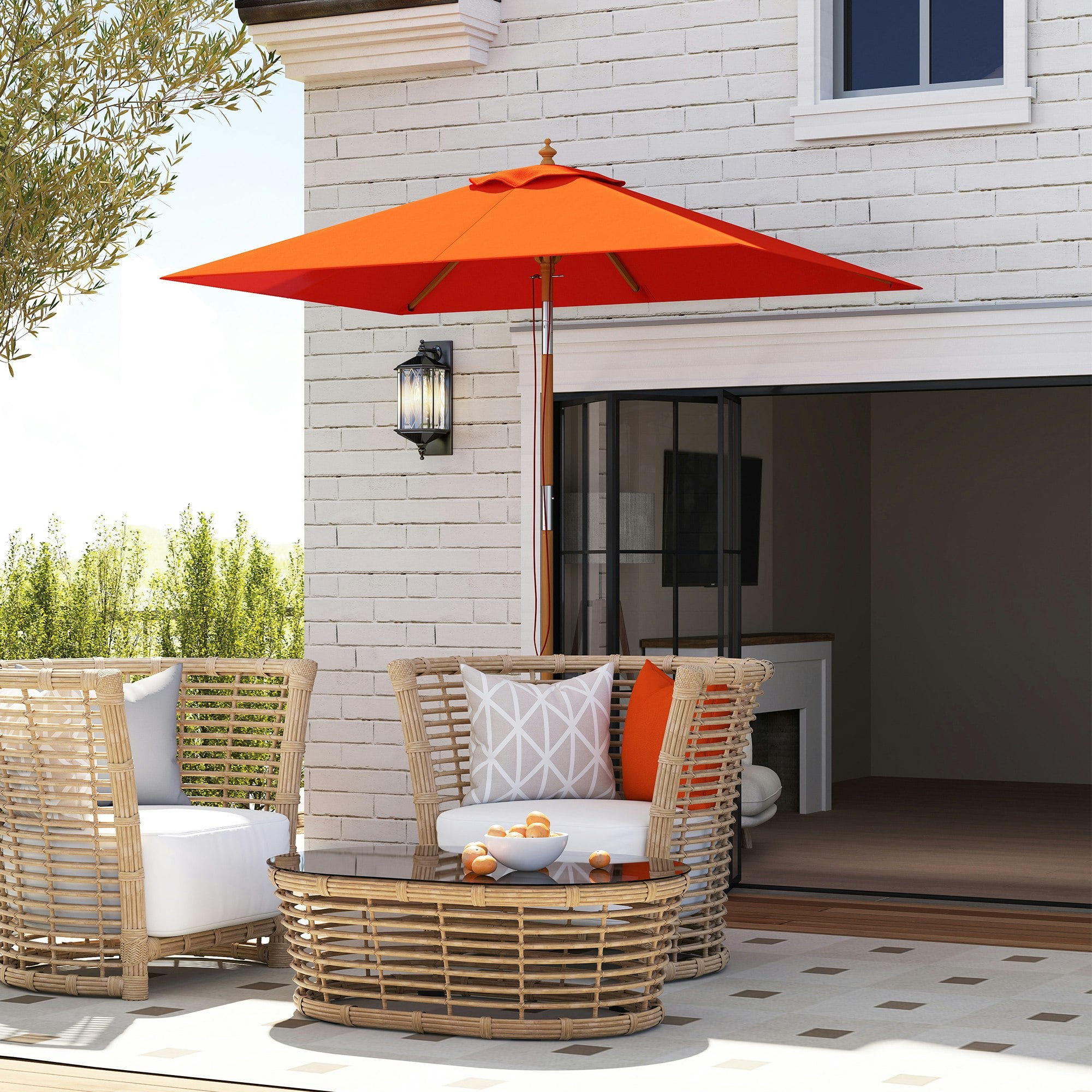 Rackhams Orange Wooden Patio Umbrella Market Parasol Outdoor Sunshade