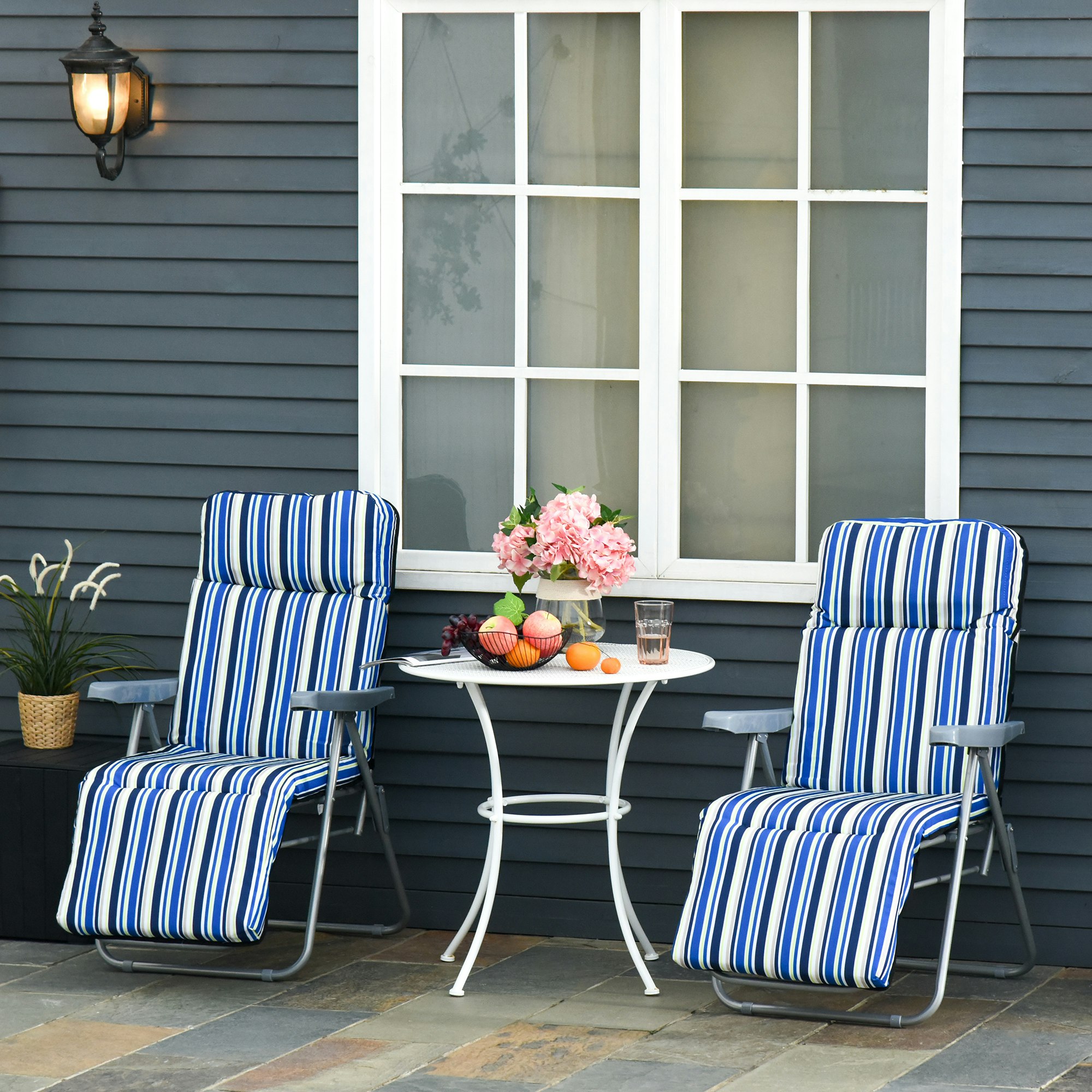 Rackhams Blue/Cream Set Of 2 Adjustable Sun Lounger Recliner Reclining Seat And