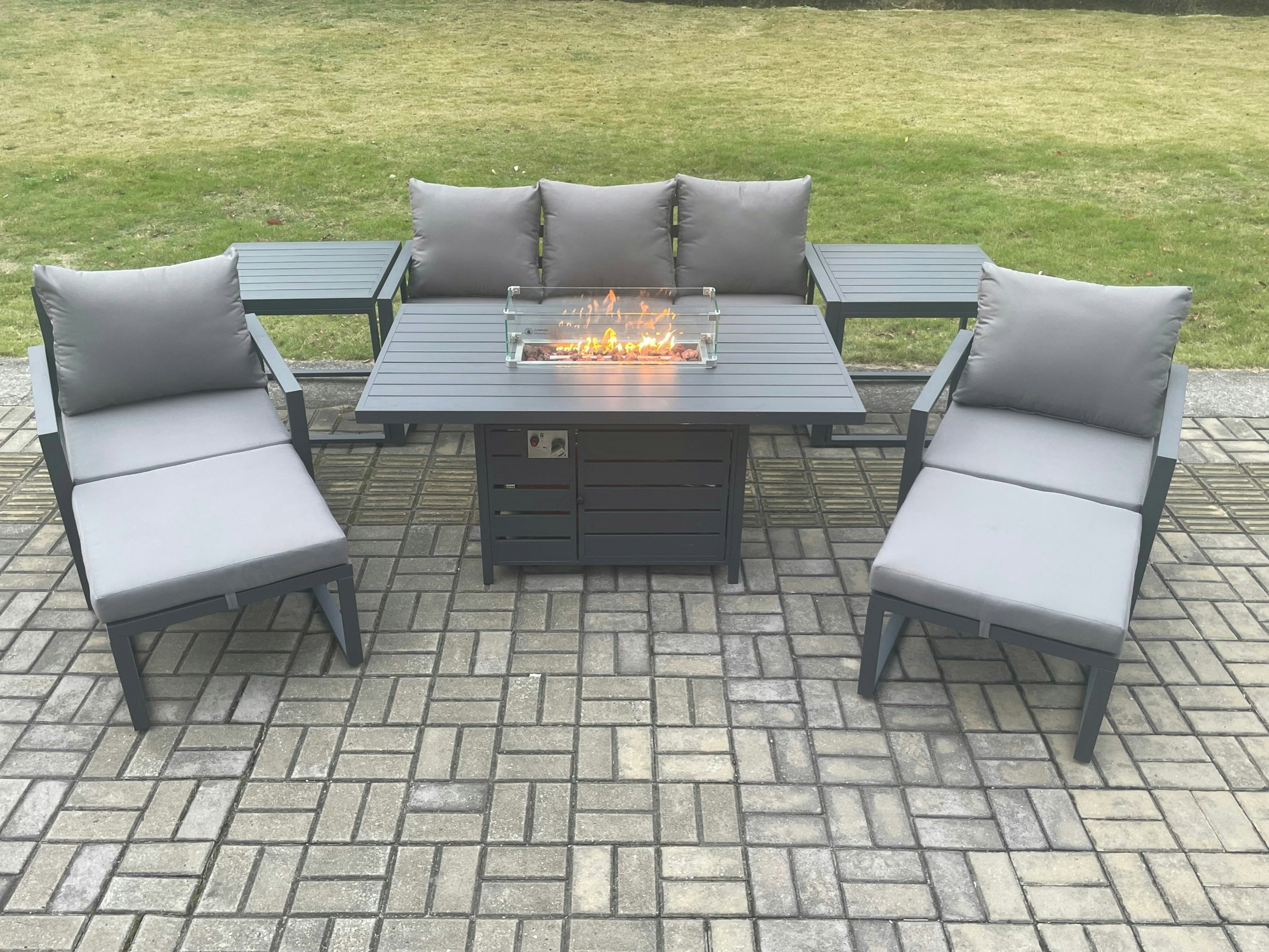 Rackhams Dark/Grey Aluminium Patio Outdoor Garden Furniture Lounge Sofa Set Gas Fire Pit Dining Table With 2 Side Tables 2 Big Footstools