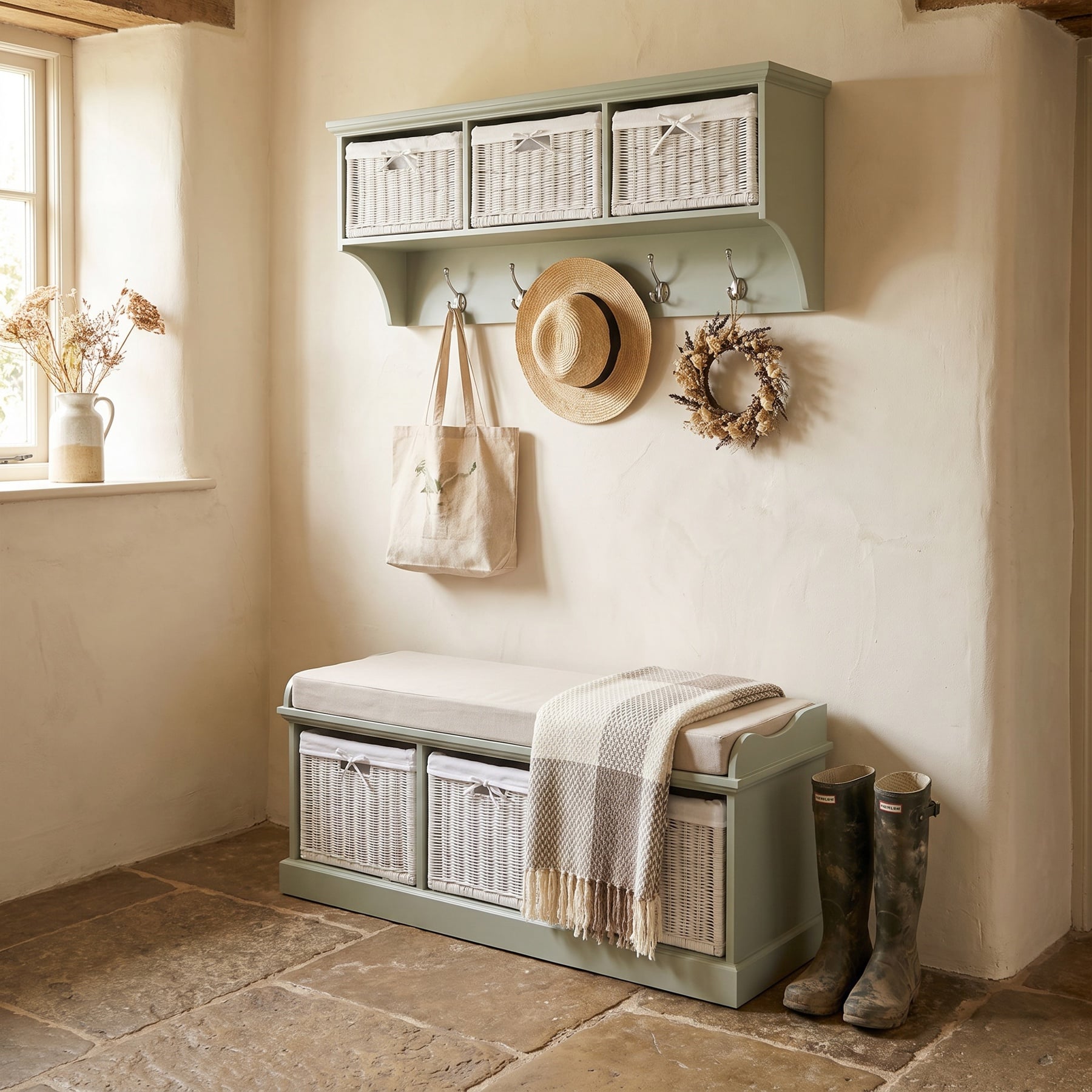 Statement Furniture Green Tetbury Large Hallway Set With Storage Baskets And Cushion Seat - Sage