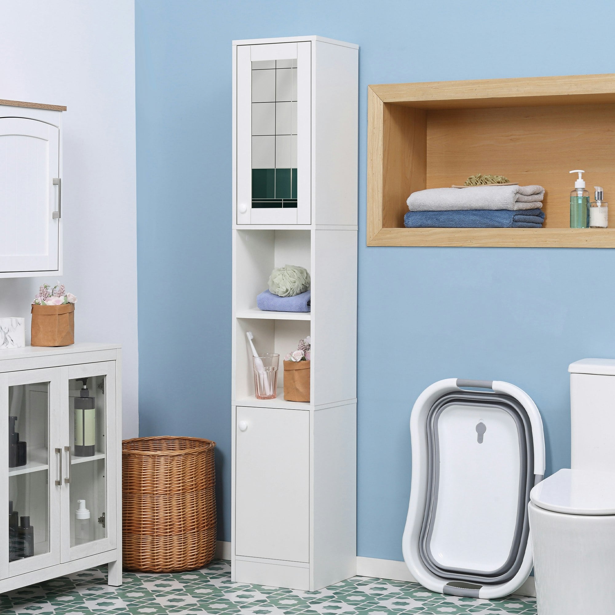 Rackhams White Tall Bathroom Storage Cabinet Narrow Freestanding Cabinet With Mirror