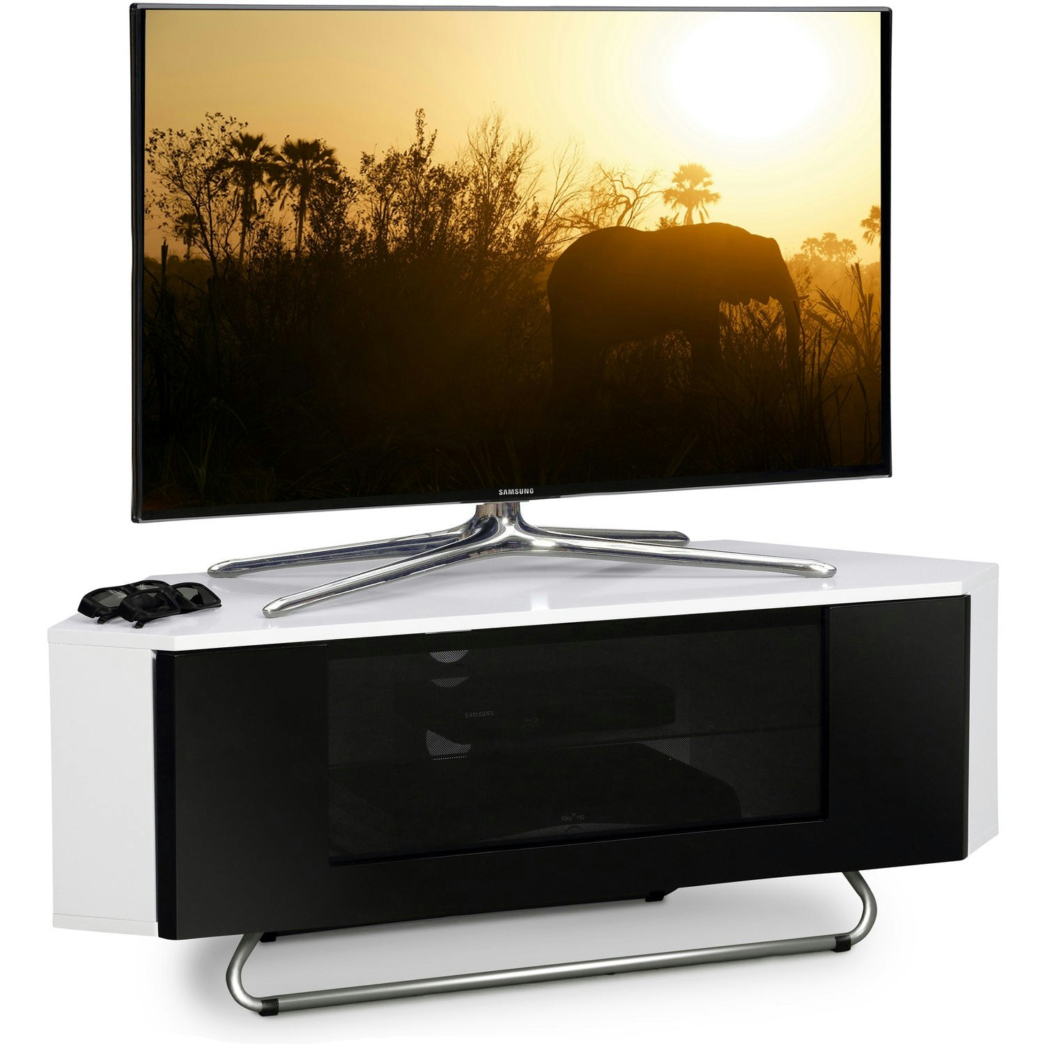 Centurion Supports White/Black Hampshire Corner-Friendly Gloss With Contrast Beam-Thru Remote Friendly Door 26"-50" Flat Screen Tv Cabinet