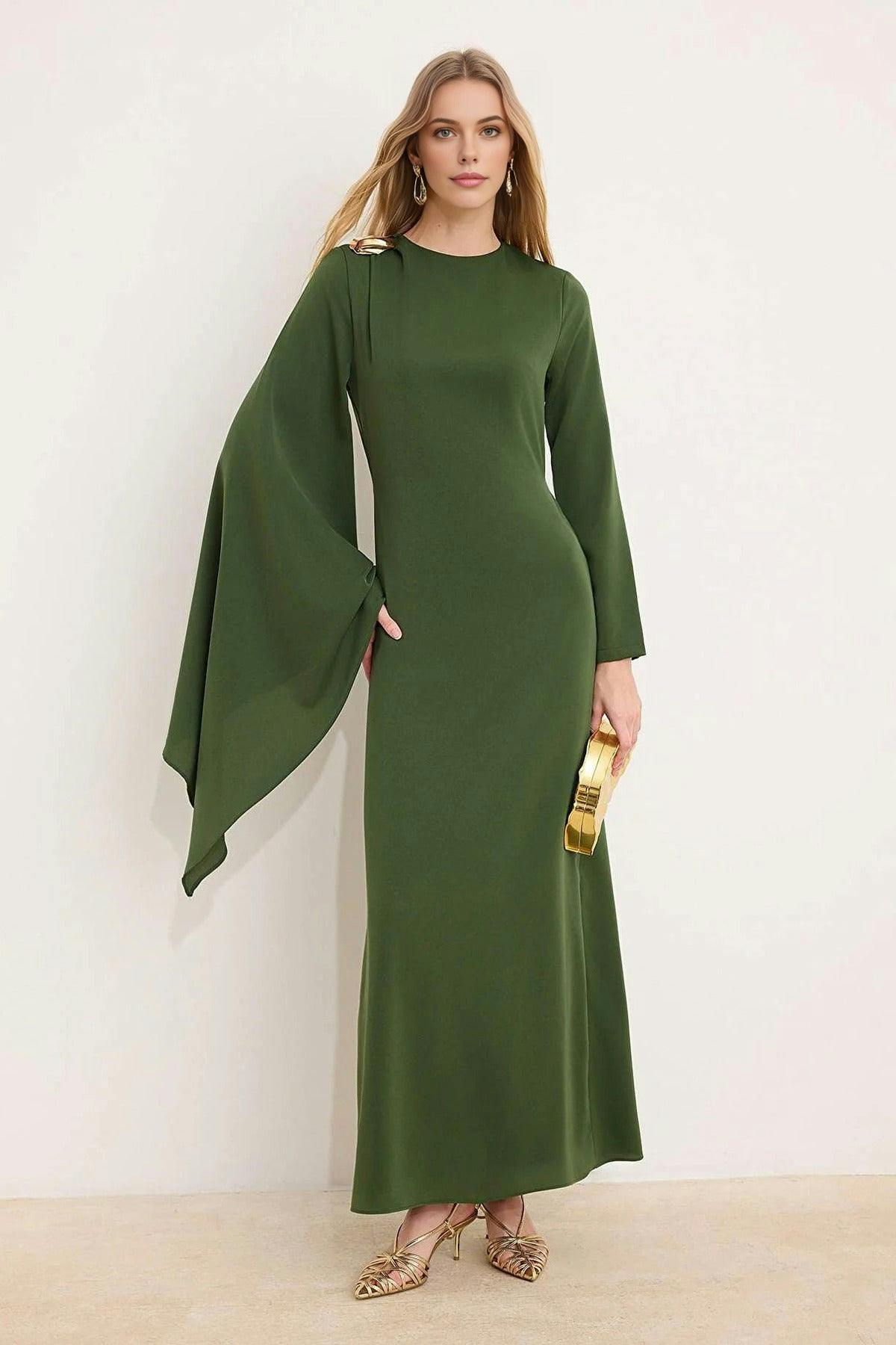 Wovcor Woven Evening Dress With Sleeve Detail - Khaki - 10