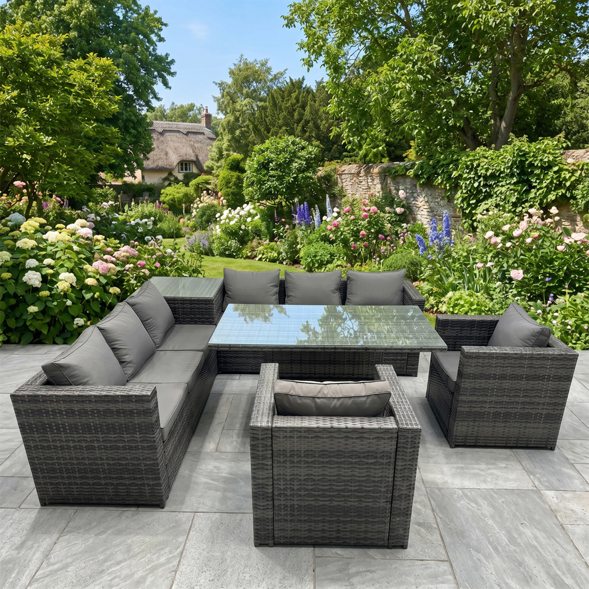 Fimous Dark/Grey 8 Seater Rattan Furniture Set With Corner Sofa, Height Adjustable Rising Table, 2 Chairs & Side Table
