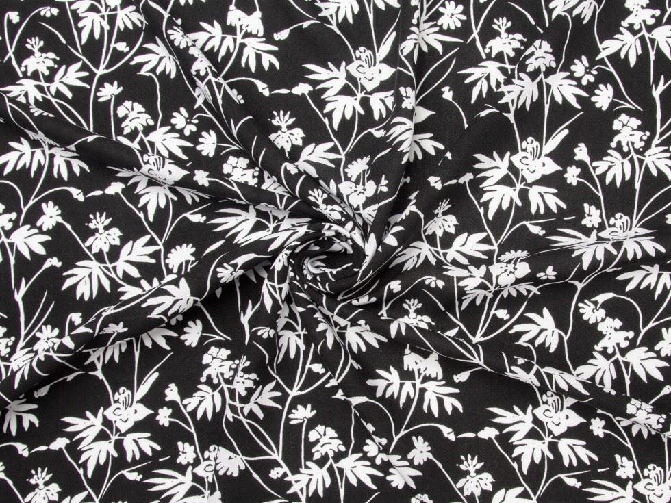 Minerva Core Range Black Minerva Deadstock Viscose Challis Fabric - Flowers Design Dressmaking Fabric, 140 Cm / 56" Wide - Per Metre