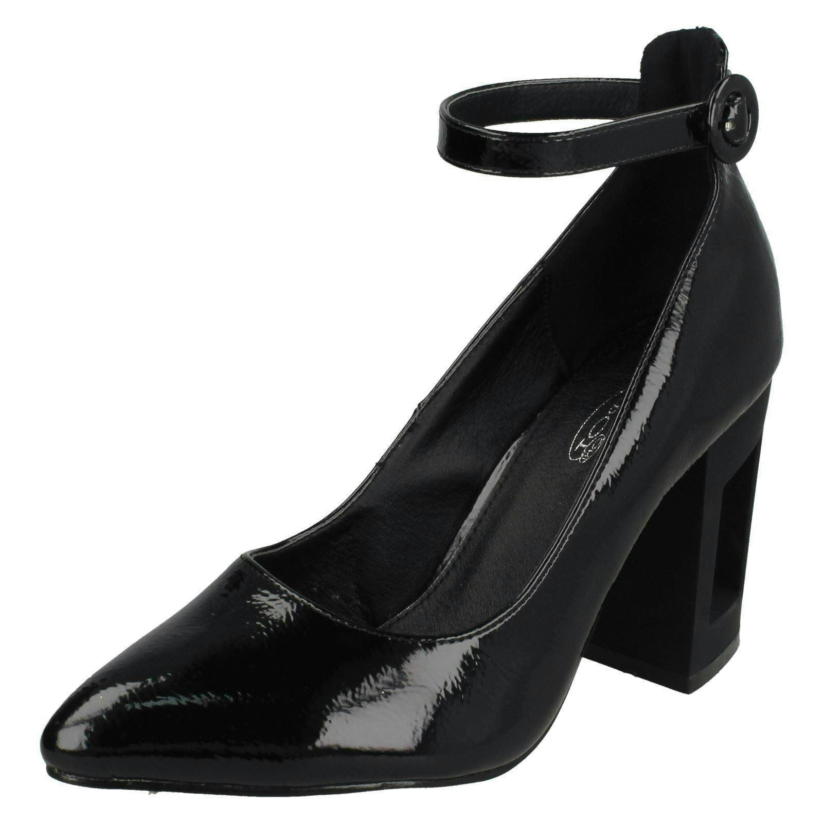 Spot On Women's Black Court Shoes With Ankle Strap - Patent - Uk 5