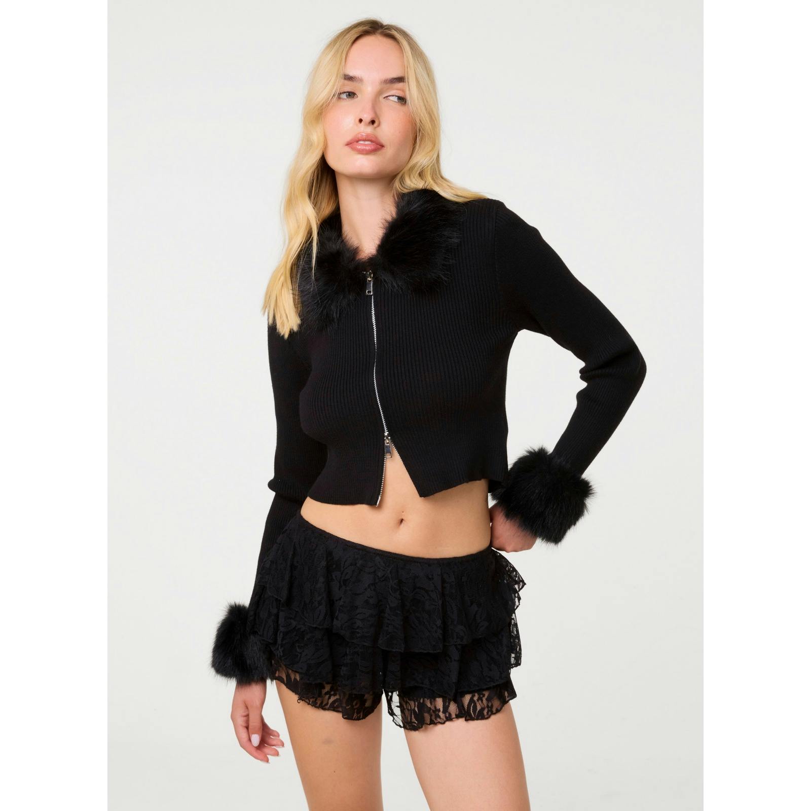 Pink Vanilla Pink/Black Vanilla Fur Trim Zip Through Cardigan - S