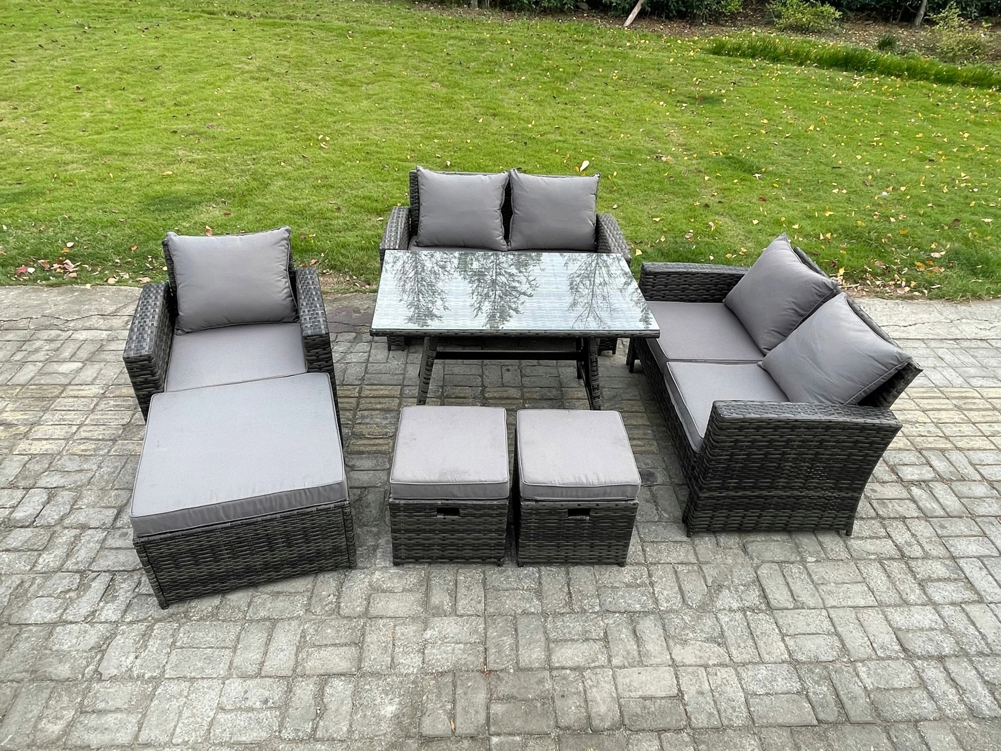 Rackhams Dark/Grey 8 Seater Garden Dining Set Wicker Pe Rattan Outdoor Furniture Sofa With Rectangular Dining Table Double Seat Sofa Mixed