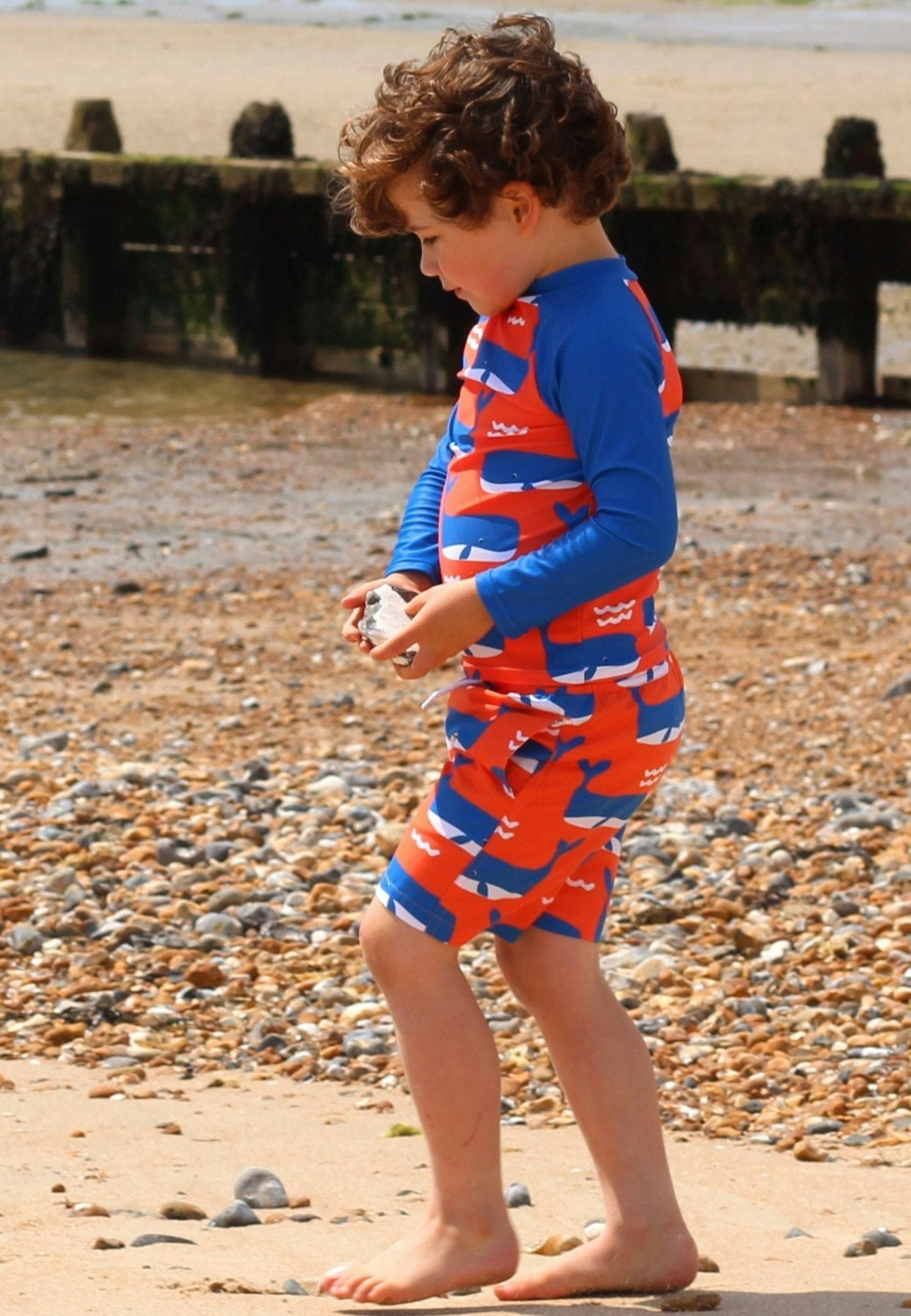 Toby Tiger Orange/Blue/White Whale Waves Print Kids' Swim Shorts - 3-4Y / 104Cm
