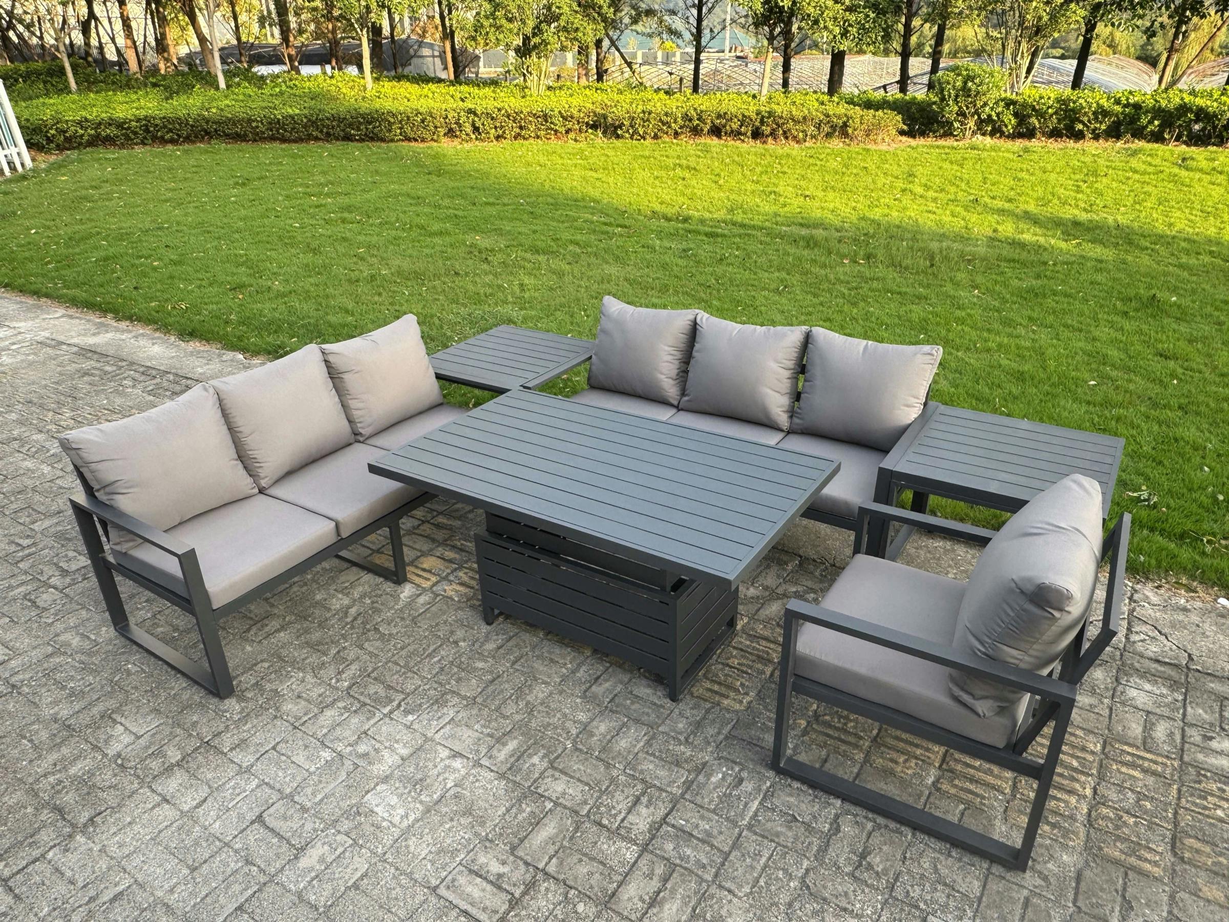 Fimous Dark/Grey Aluminium Garden Furniture Sets,7 Seater Outdoor Sofa Dining Set With Adjustable Rising Lifting Dining Table 2 Side Tables Cushions
