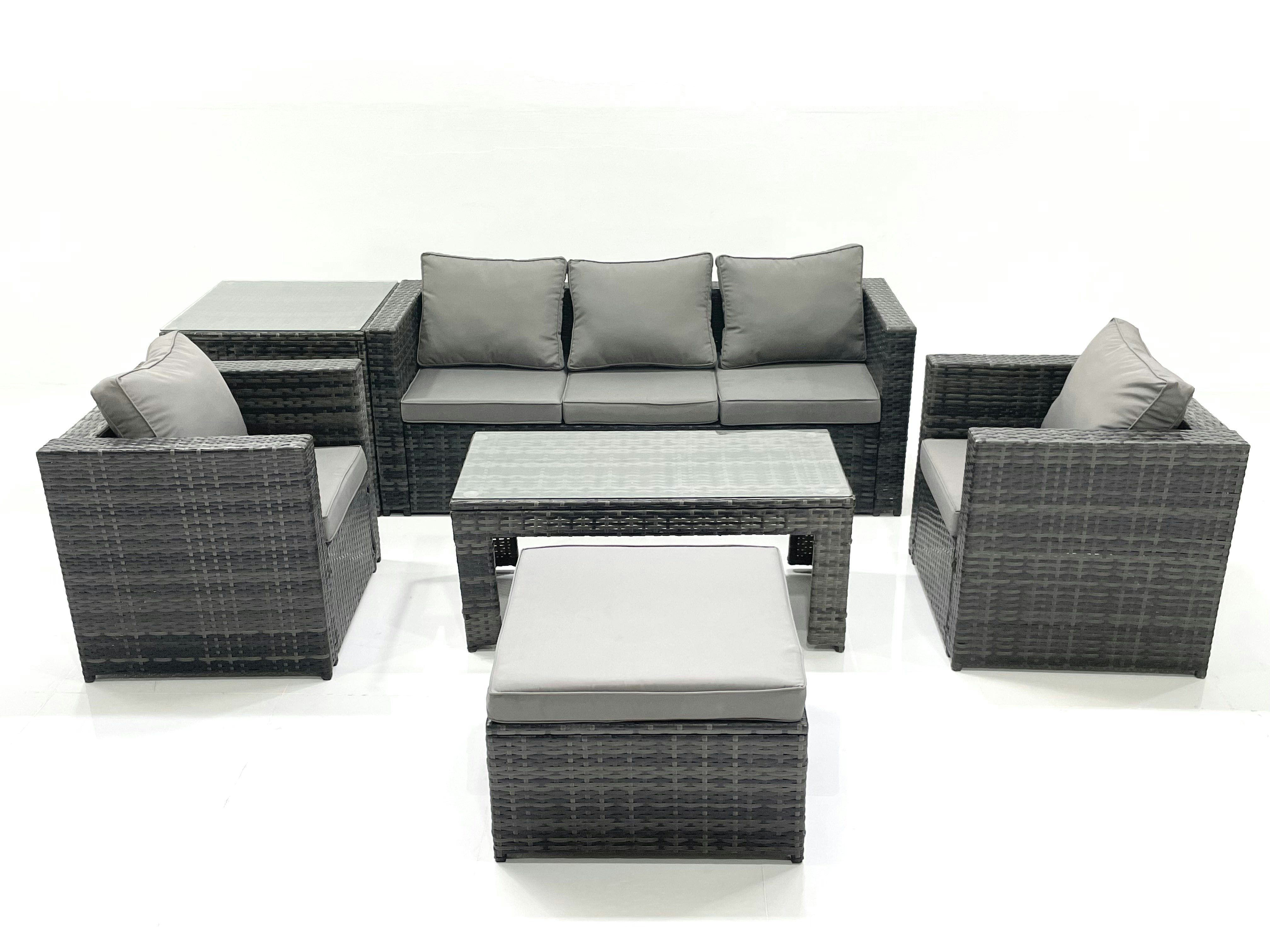 Rackhams Dark/Grey Rattan Garden Furniture Set Outdoor Lounger Sofa With Coffee Table 2 Armchair Big Footstool Side Table Mixed