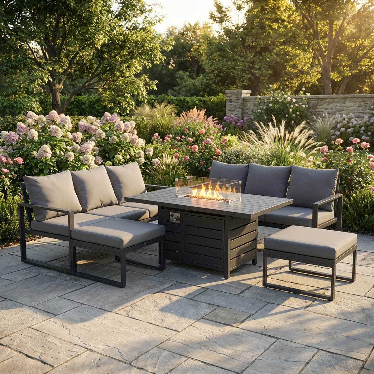 Fimous Dark/Grey 8 Seater Aluminium Outdoor Garden Furniture Set With Gas Fire Pit Dining Table, 2 Sofas, 2 Footstools
