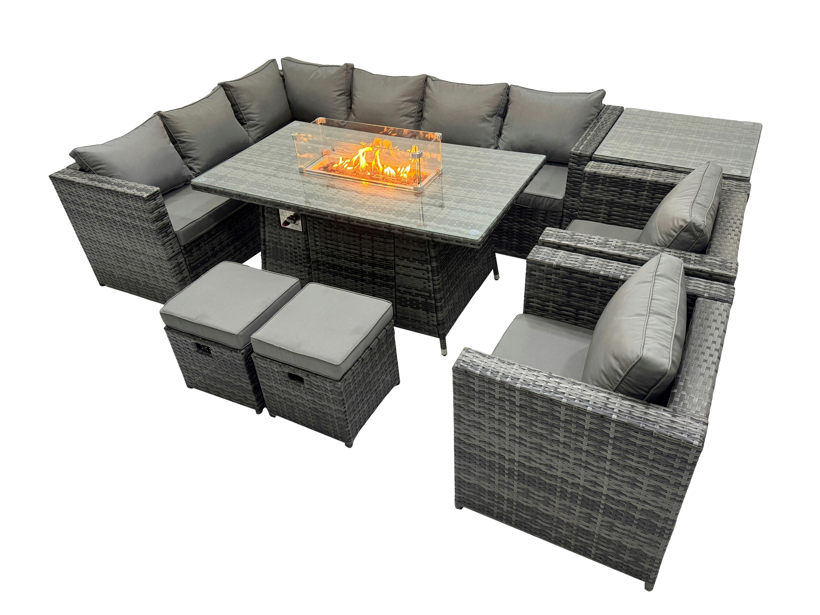 Fimous Dark/Grey Rattan Garden Furniture Dining Set 10 Seater Gas Fire Pit Dining Table Corner Sofa Set With 2 Small Stool Side Table Mixed