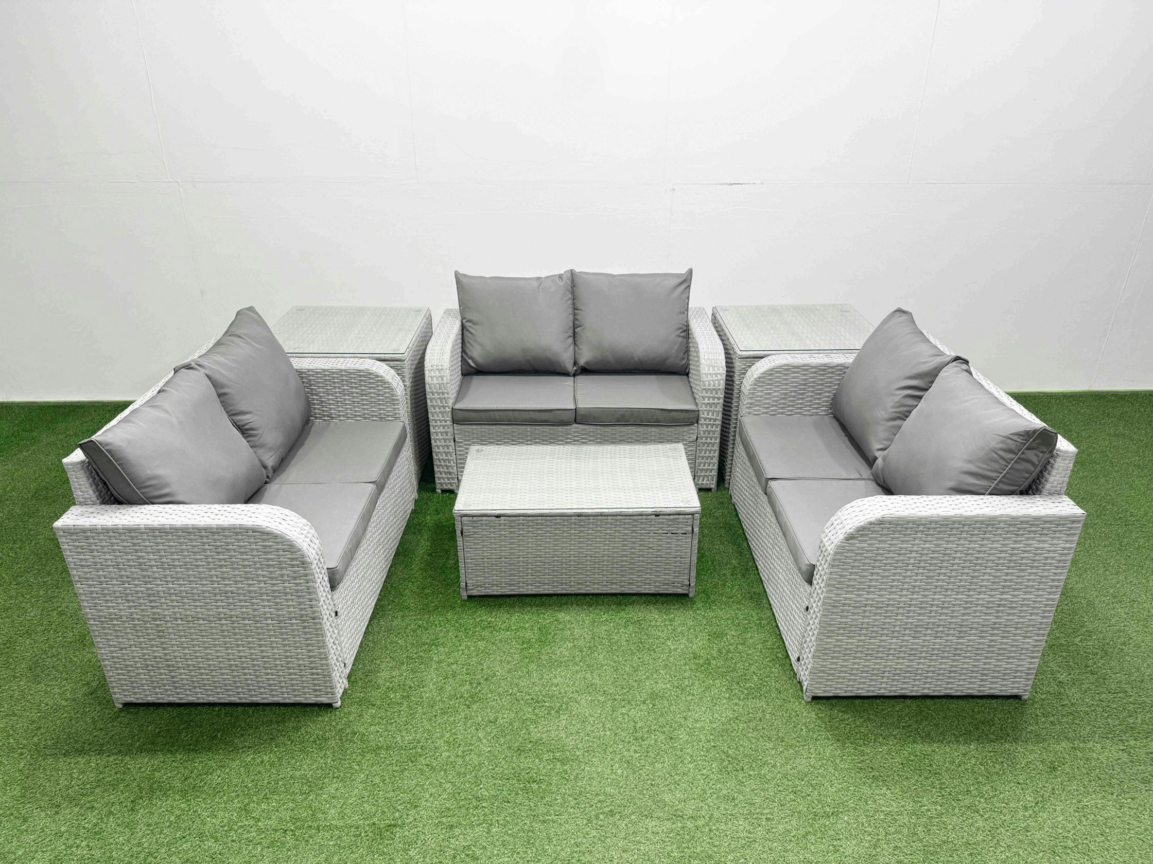 Fimous Light/Grey 7 Seater Pe Wicker Rattan Furniture Sofa Sets With Rectangular Coffee Table 2 Seater Love Sofa Big Footstool Side Table