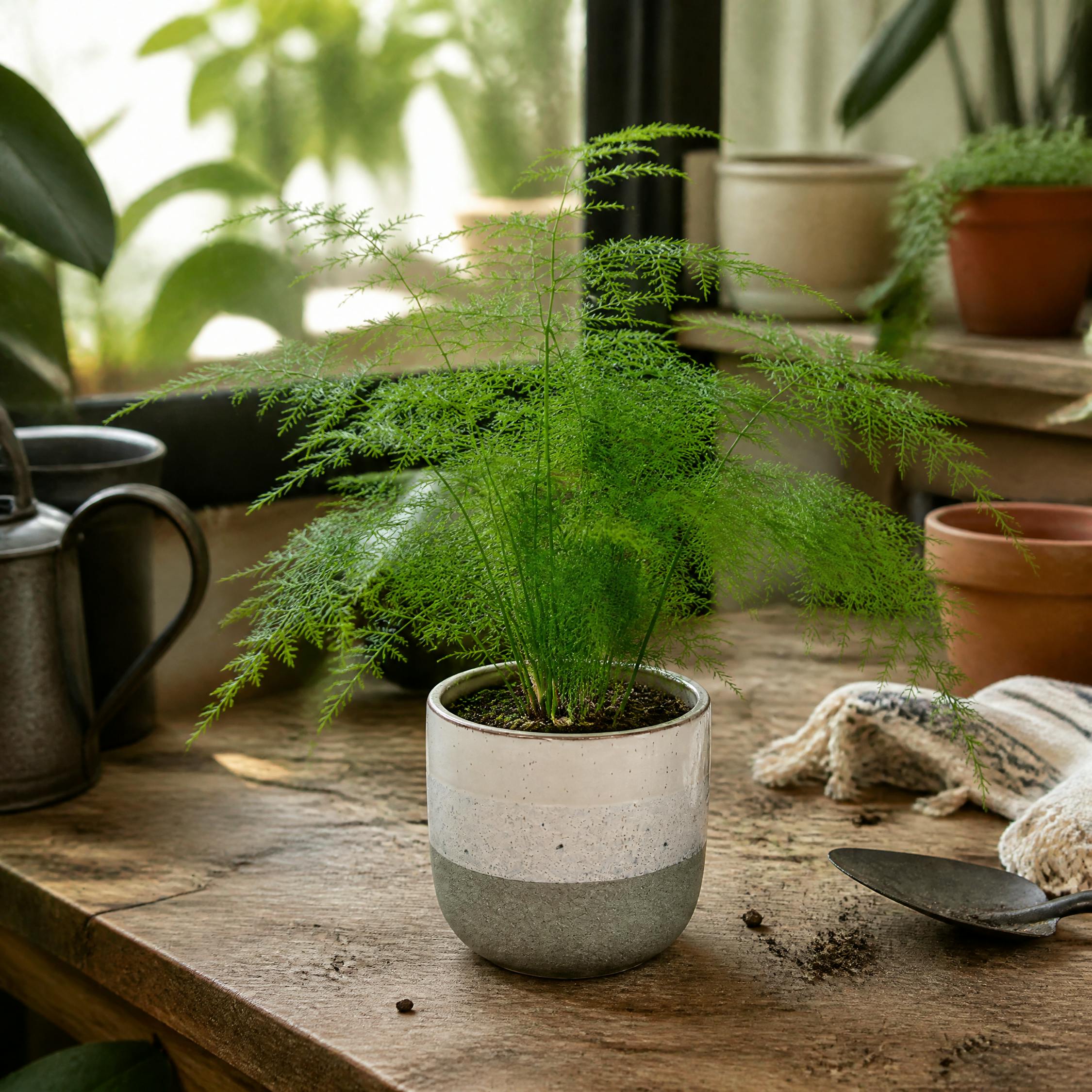 - Asparagus Setaceus Lace Fern 12Cm Pot In Grey Stoneware Pot - Image 2
