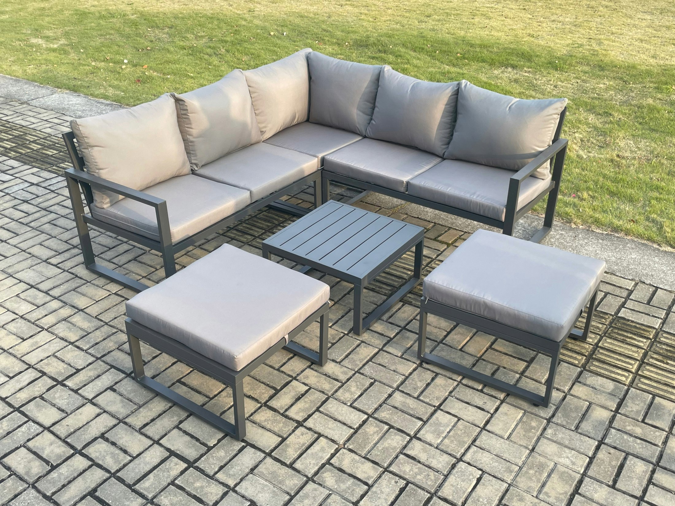 Rackhams Dark/Grey Outdoor Garden Furniture Set Aluminium Lounge Sofa Square Coffee Table Sets With 2 Big Footstool Indoor Conservatory Set