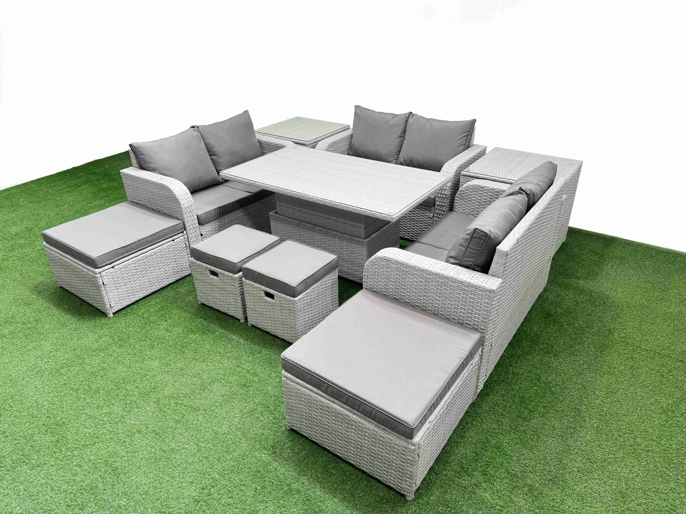 Rackhams Light/Grey 10 Pcs Rising Dining Table Set Inclining Love Sofa Seat 2 Big Footstool 2 Small Stool 2 Side Table