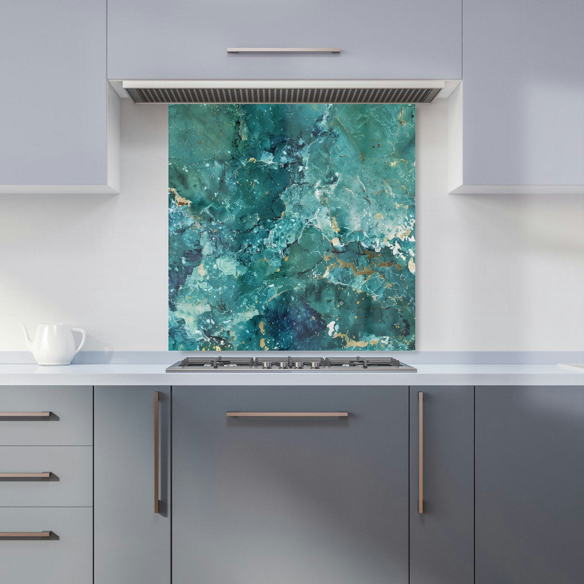 Rackhams Turquoise/Gold - Designer Bright Teal Quartz Effect Kitchen Splashback - W600mm X H600mm