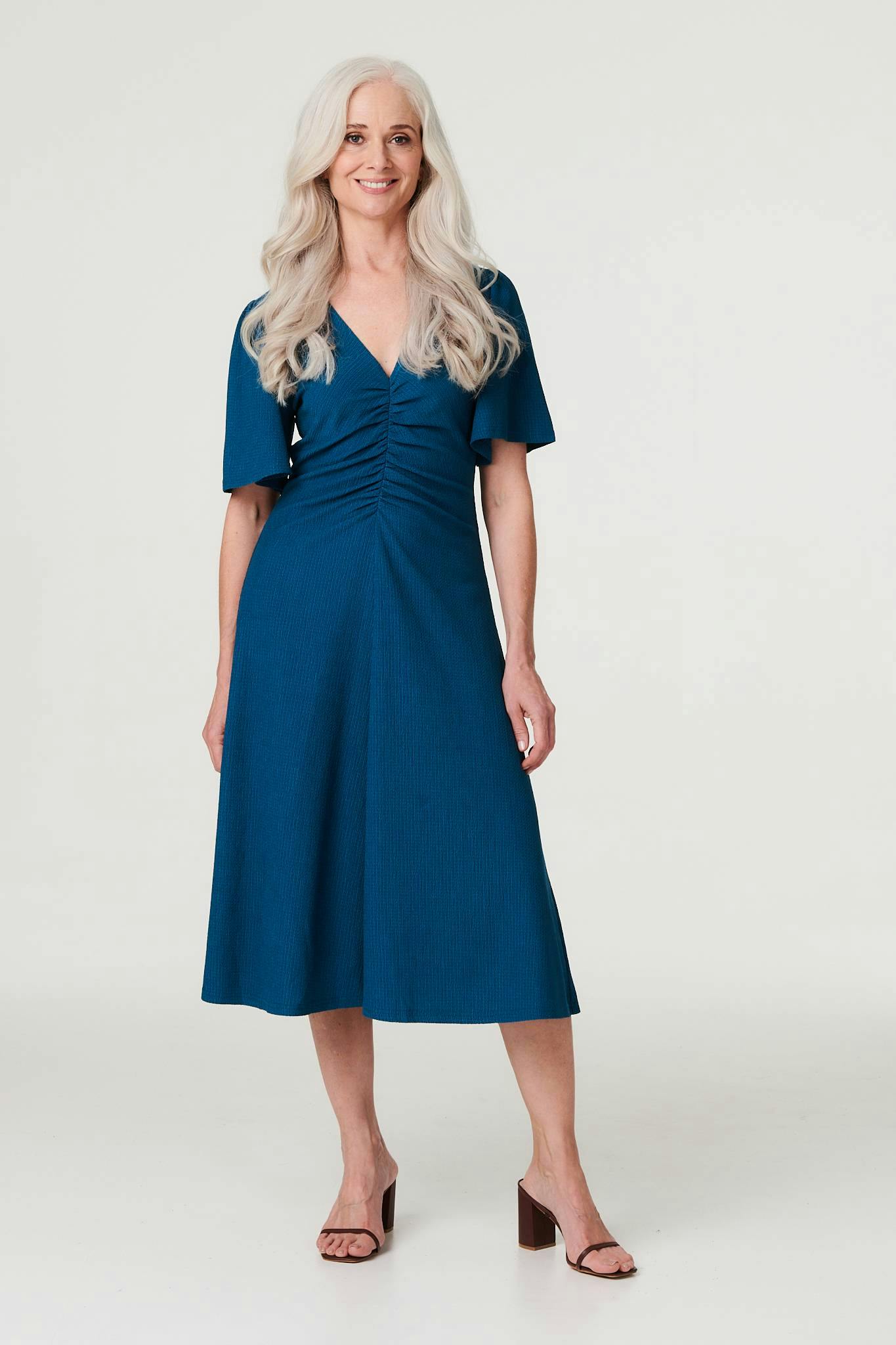 Izabel London Blue Plain Ruched Front Midi Dress - 8