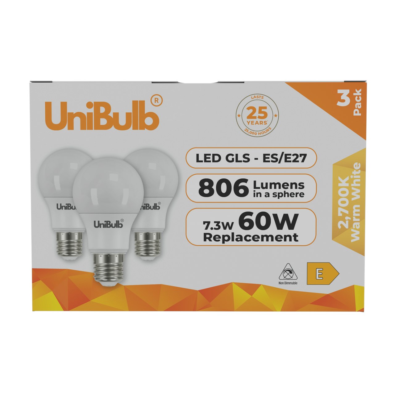 Unibulb White/Light Led Gls E27 806Lm 7.3W 2700K (Warm ) Bulb - Pack Of 3