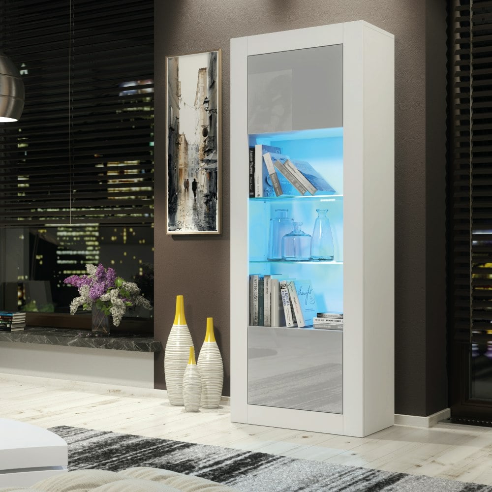 Mex Furniture Grey 170Cm Modern Display Cabinet – High Gloss Doors