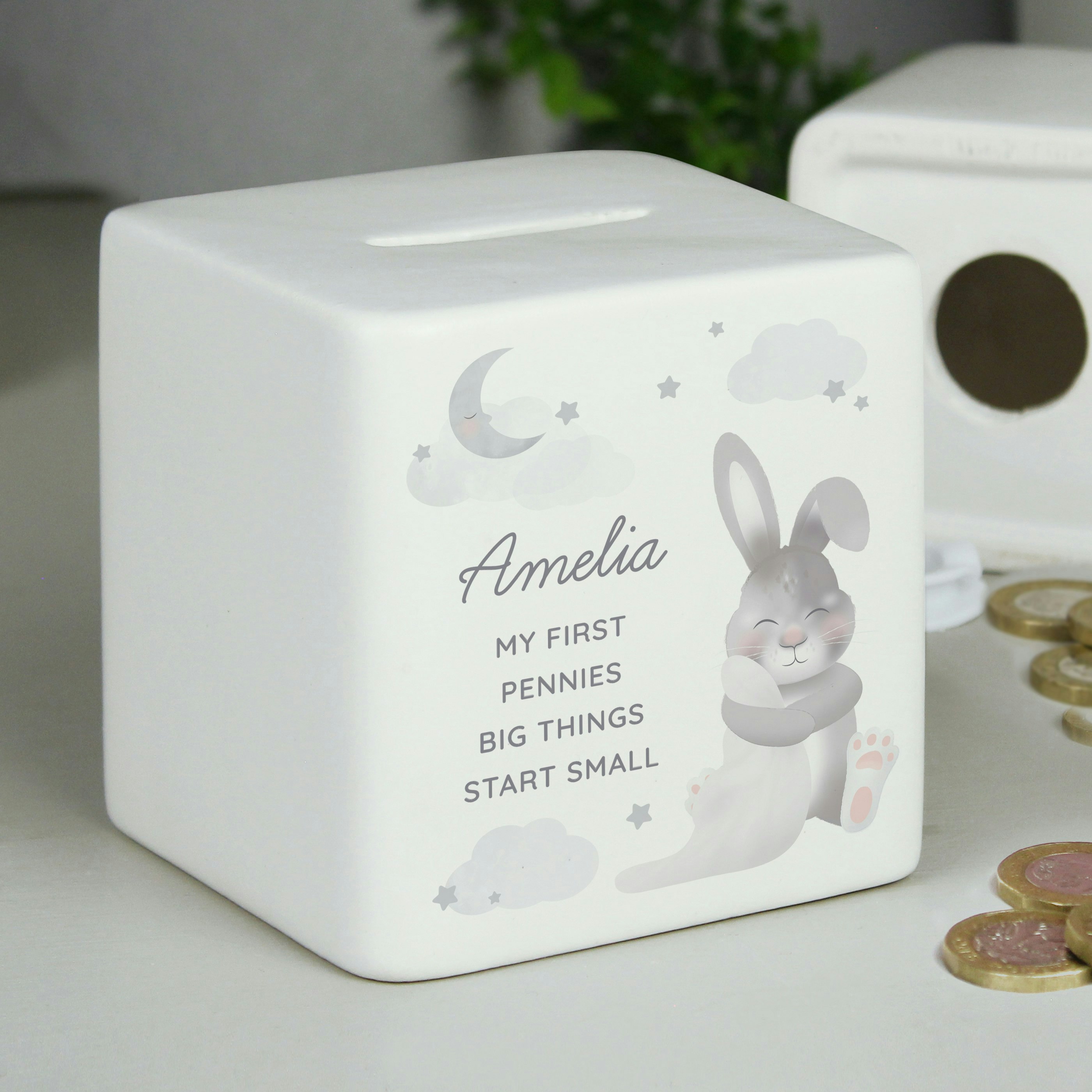 Rackhams Personalised Baby Bunny Ceramic Square Money Box