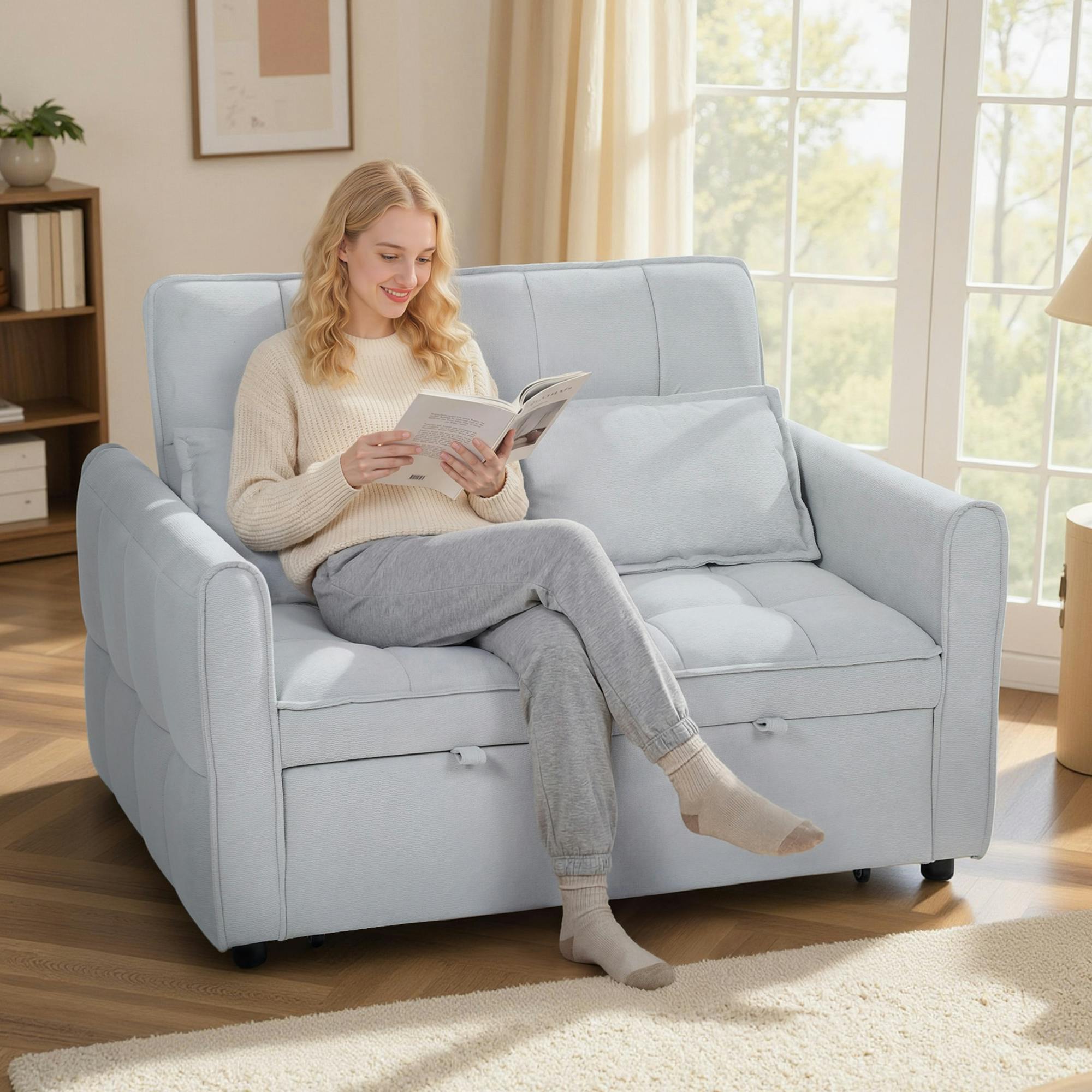 Rackhams Light/Grey 2 Seater Sofa Bed, 3-In-1 Sleeper Sofa With Adjustable Backrest - Sofa Bed