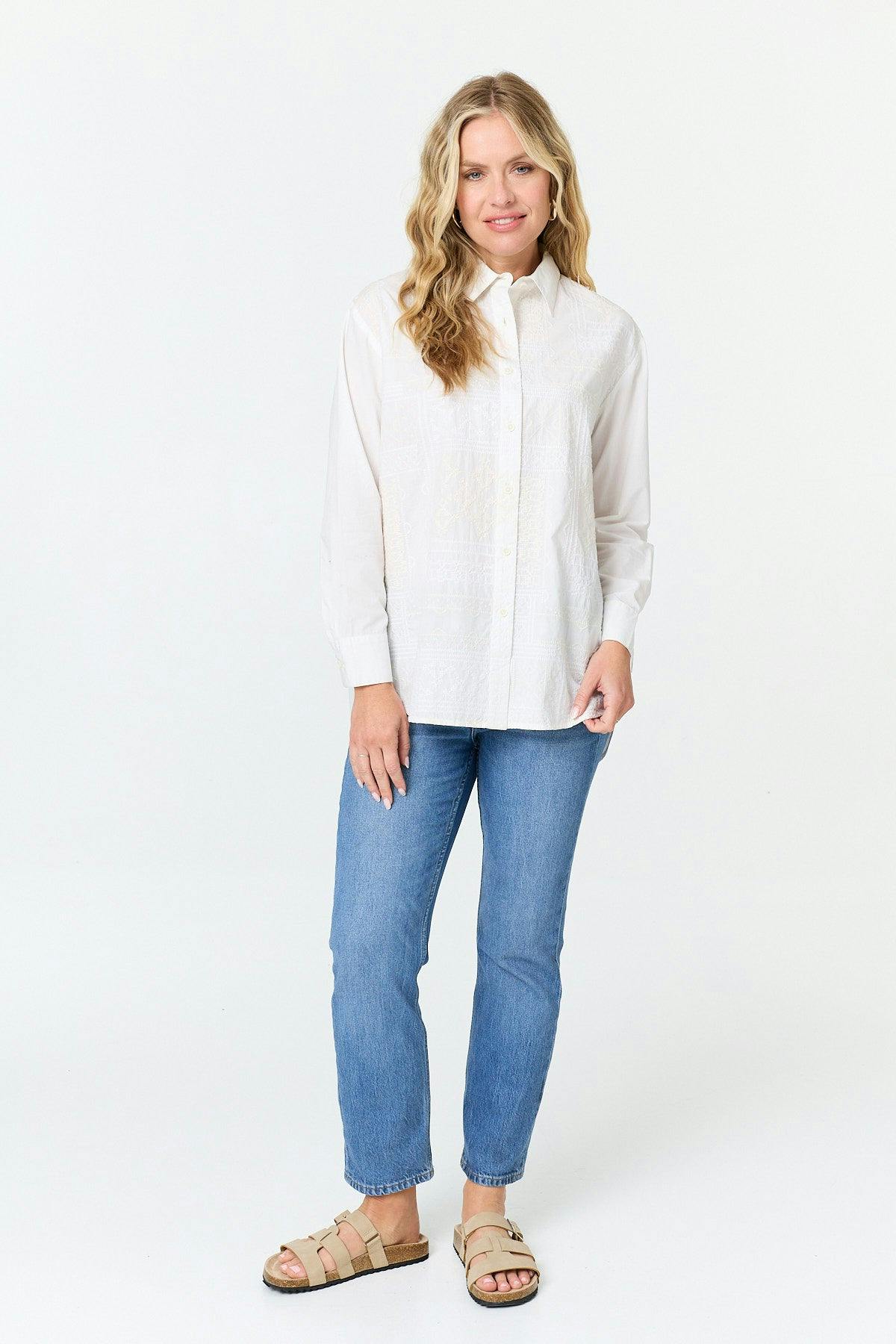Izabel London White Long Sleeve Embroidered Texture Shirt - 10
