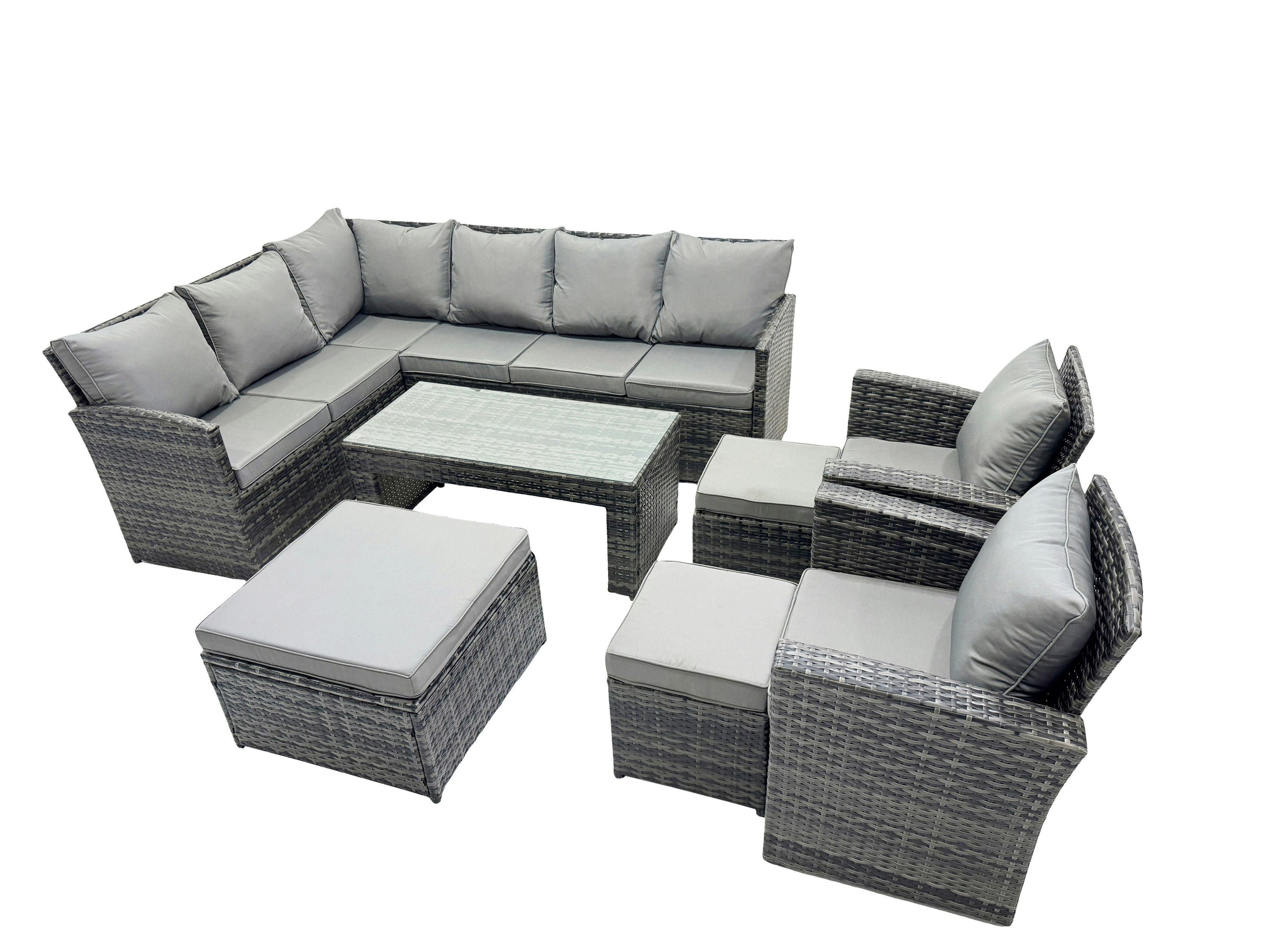 Fimous Dark/Grey 11 Seat Poly Rattan Outdoor Patio Oblong Coffee Table Corner Sofa Set With 3 Stools 2 Chairs For Garden Backyard Mixed