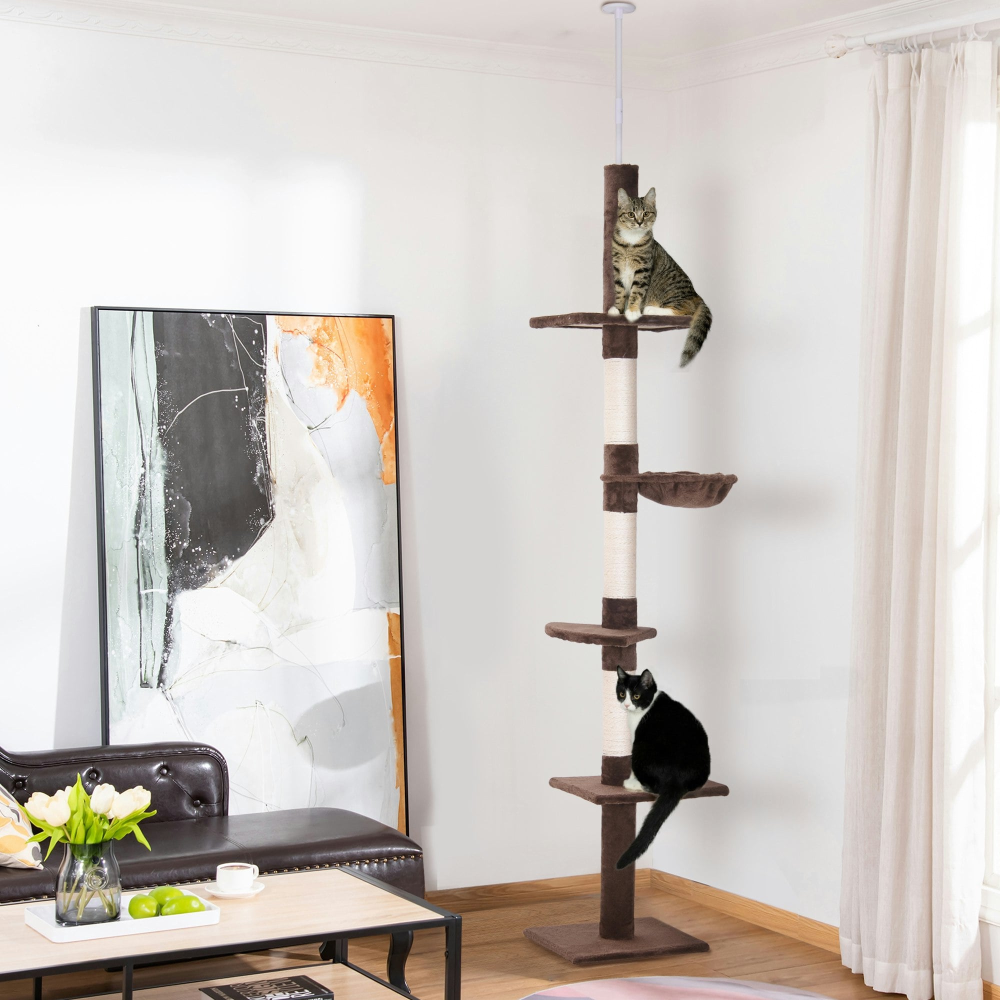 PAWHUT Floor to Ceiling Cat Tree for Indoor Cats 5-Tier Scratching Post 230-260cm in Brown | Size: 40cm - Image 4