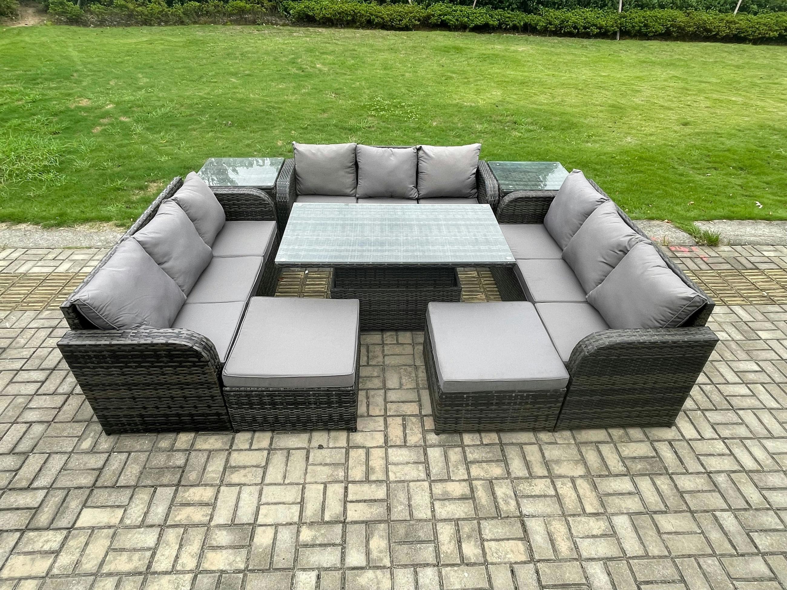 Rackhams Dark/Grey 11 Seater Rattan Garden Furniture Set With Adjustable Height Table, 3 Sofas, 2 Side Tables, 2 Footstools - Mixed