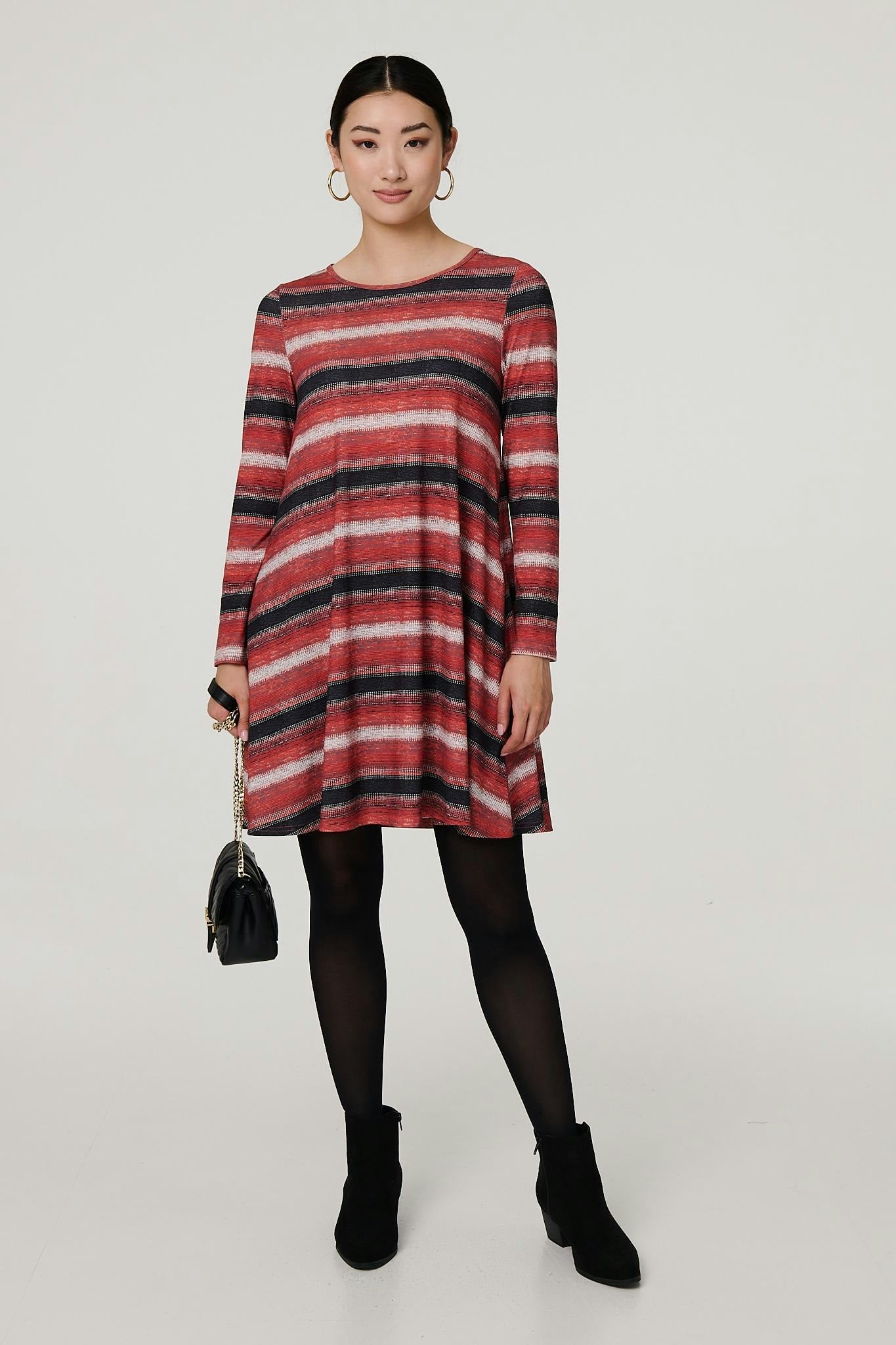 Izabel London Orange Striped Long Sleeve Short Swing Dress - 14