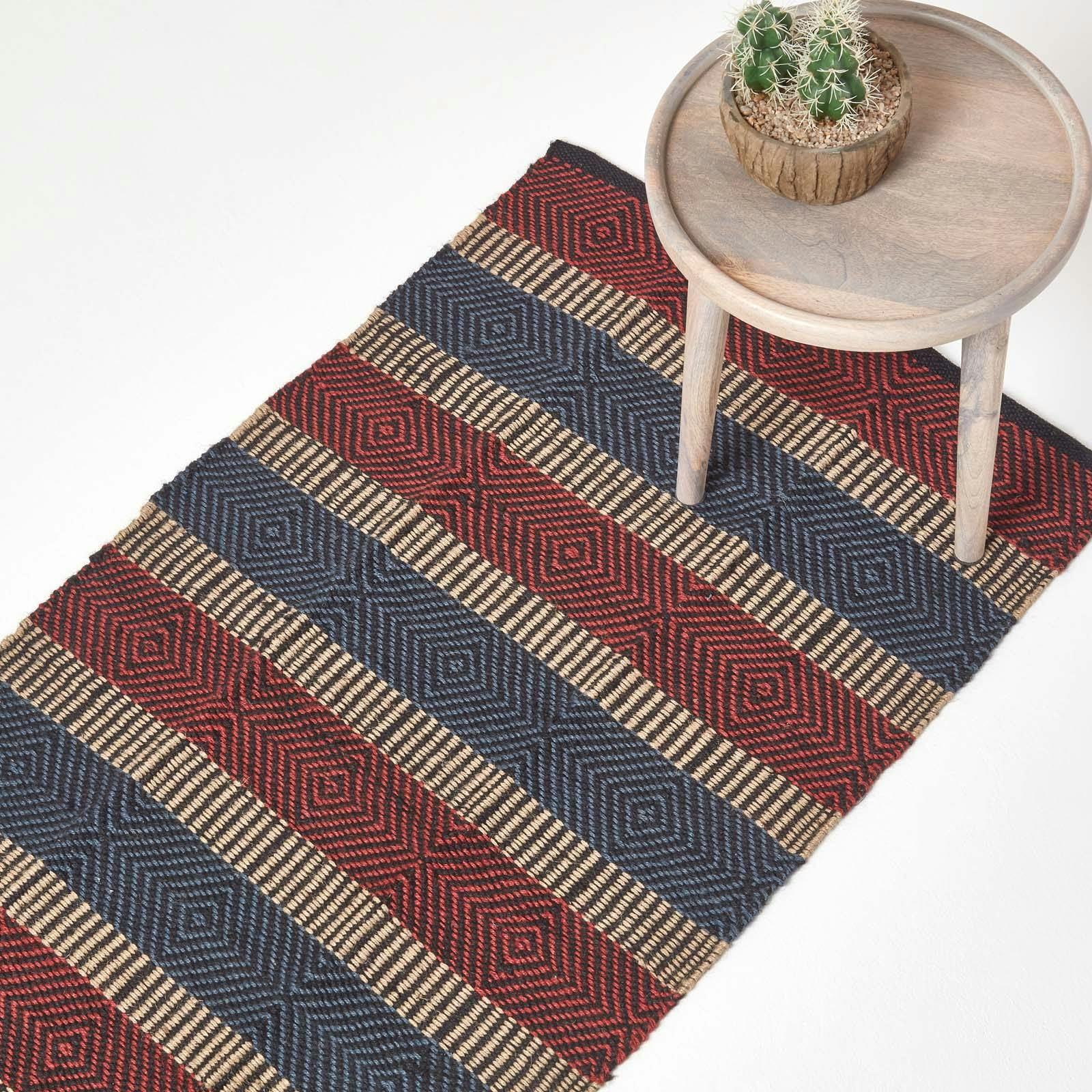 Rackhams Red/Blue Multicolour Striped Jute Rug - 66 X 200 Cm