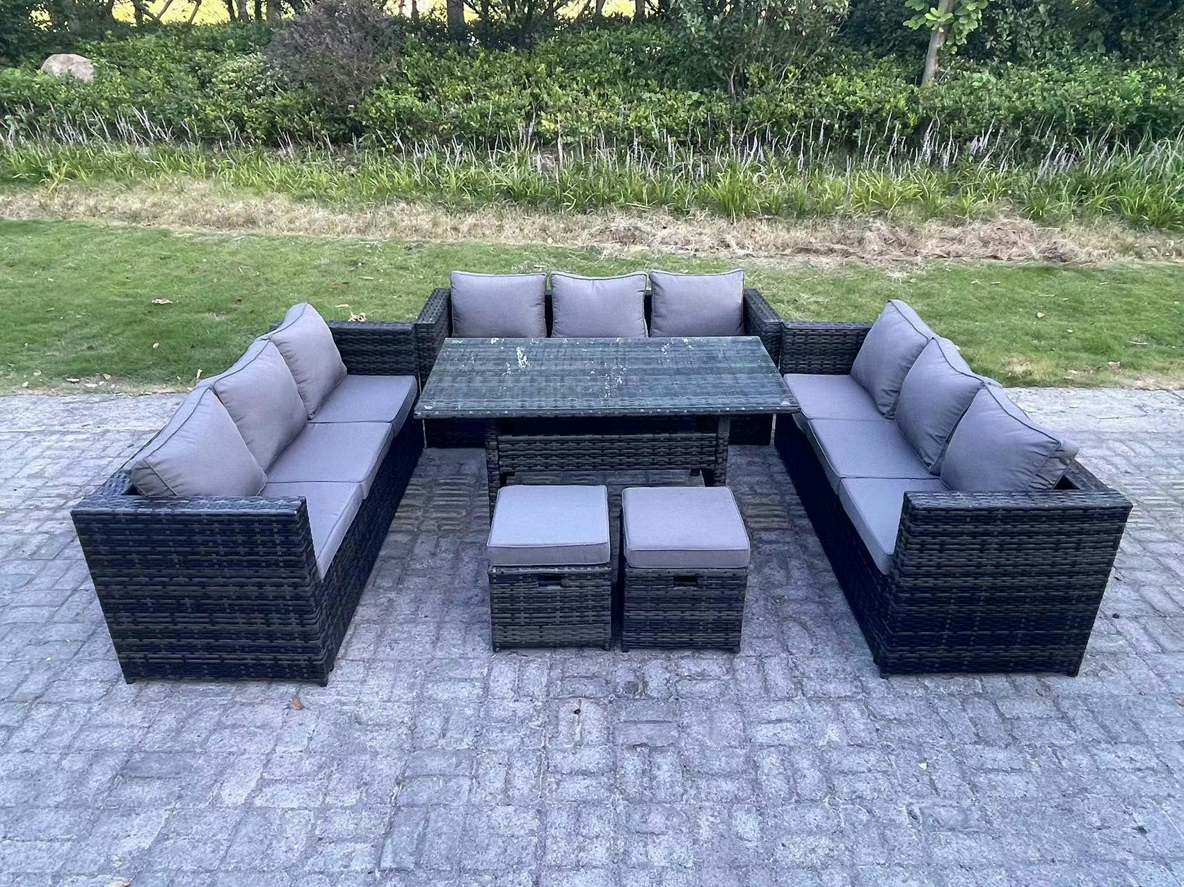 Fimous Dark/Grey 11 Seater Outdoor Wicker Garden Furniture Rattan Lounge Sofa Set Patio Rectangular Dining Table With 2 Small Footstool Mixed