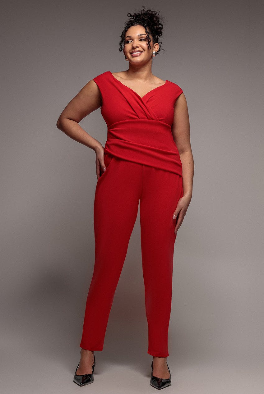 Goddiva Plus Red Bardot Scuba Jumpsuit - By - 18