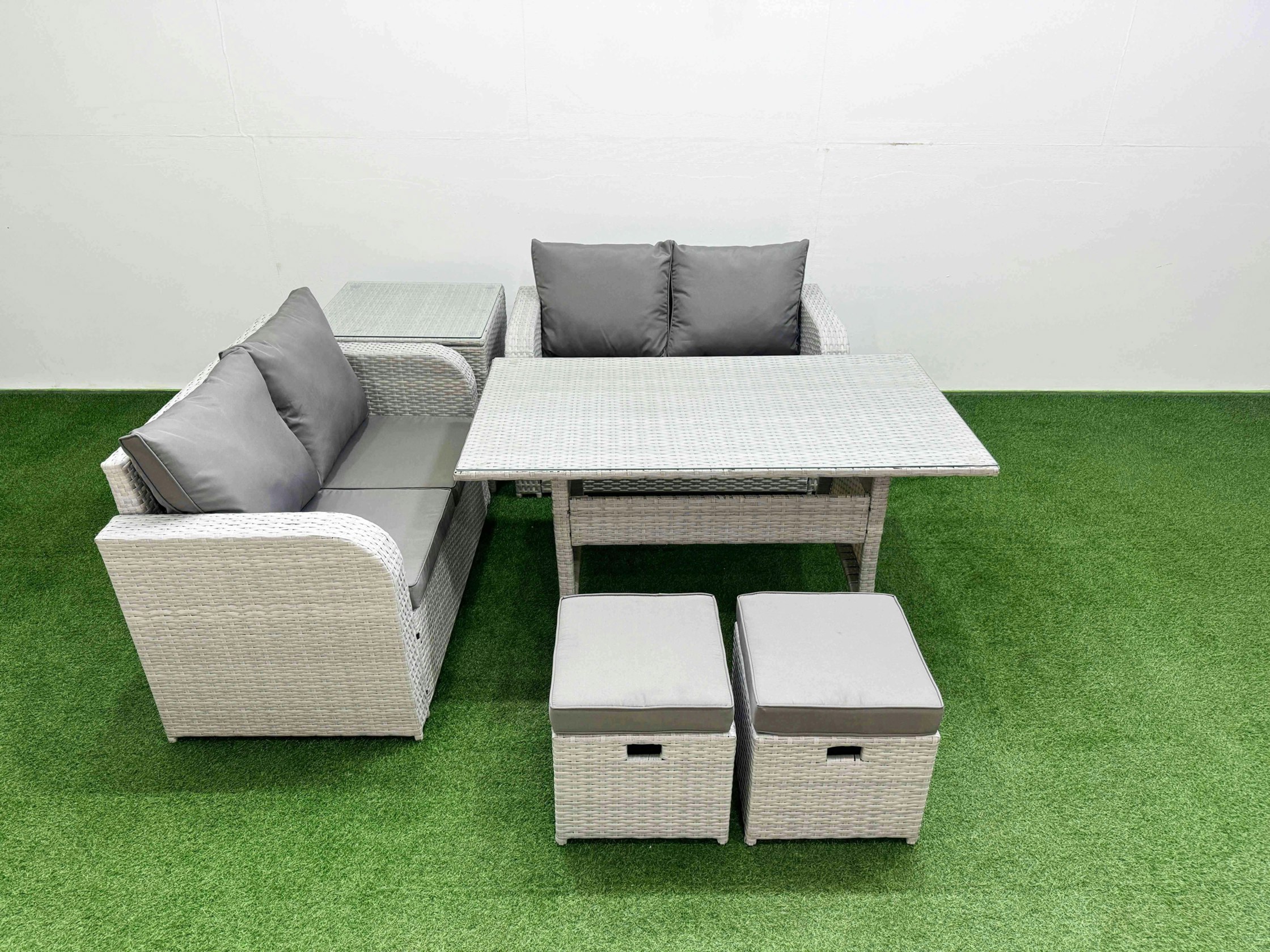 Fimous Light/Grey 6 Seater Outdoor Love Sofa Set Rattan Garden Furniture Set With Rectangular Dining Table 2 Small Stools Side Table
