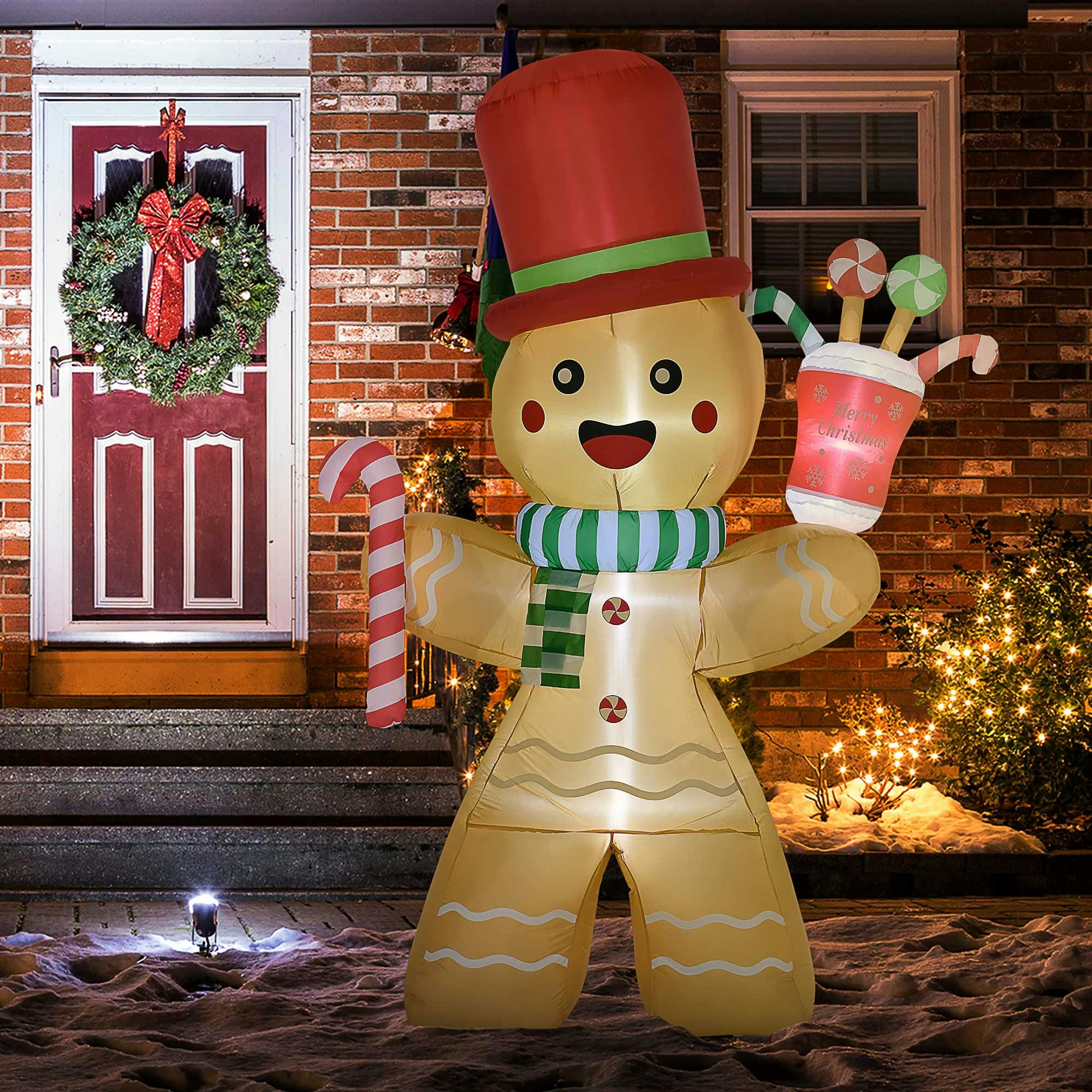Homcom 7.5Ft Christmas Inflatables Gingerbread Man With Candy Cane Led Lights