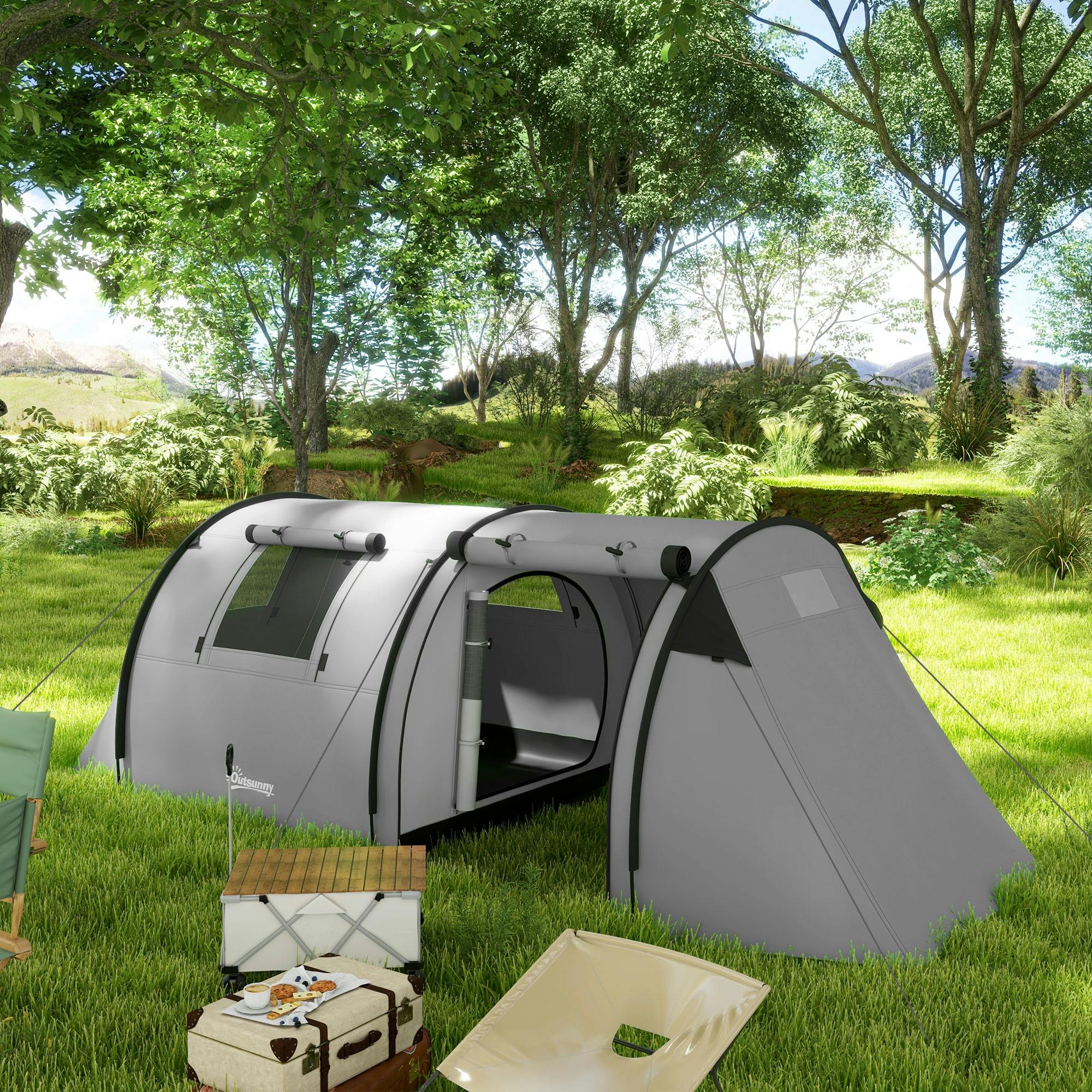 Outsunny Grey 2 Room Camping Family Tent For 3-4 Man, 3000Mm Waterproof,