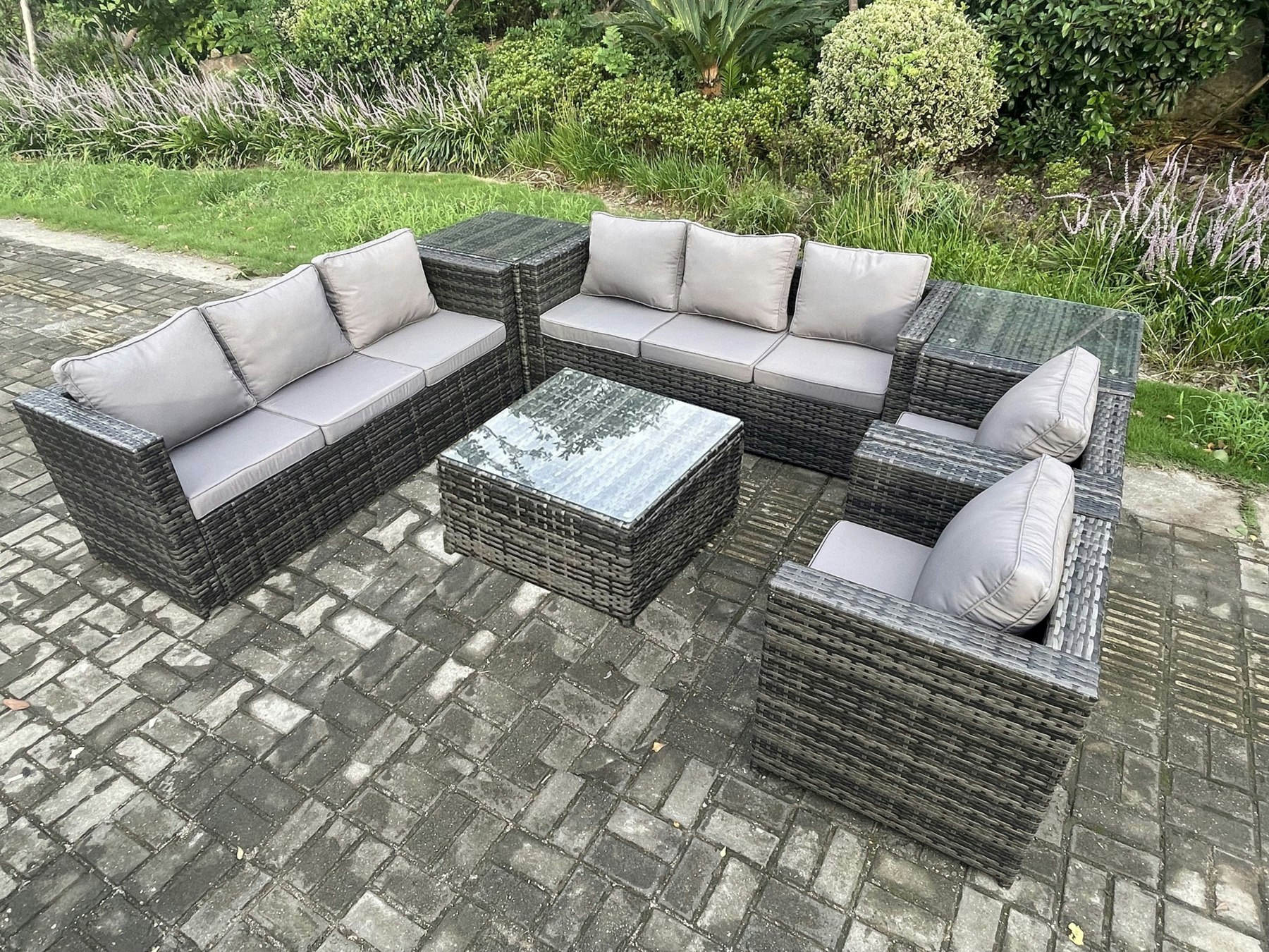 Fimous Dark/Grey 8 Seater Mixed Rattan Outdoor Sofa Set - 2 Armchairs, Square Coffee Table & 2 Side Tables