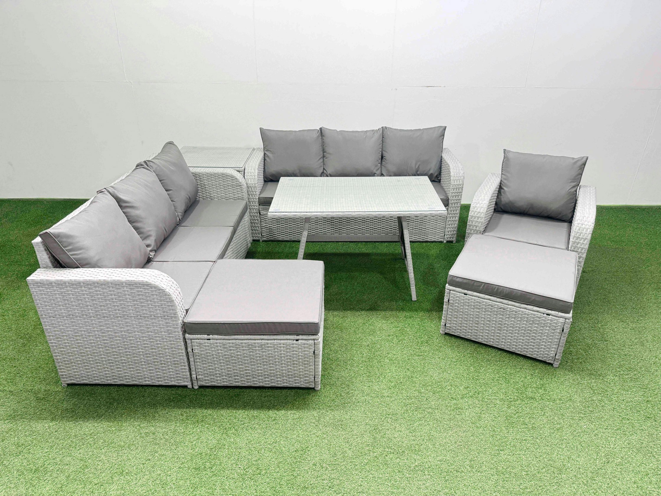 Rackhams Light/Grey 7 Pieces Outdoor Pe Rattan Garden Furniture With Cushions Reclining Chair Side Table 2 Big Stools