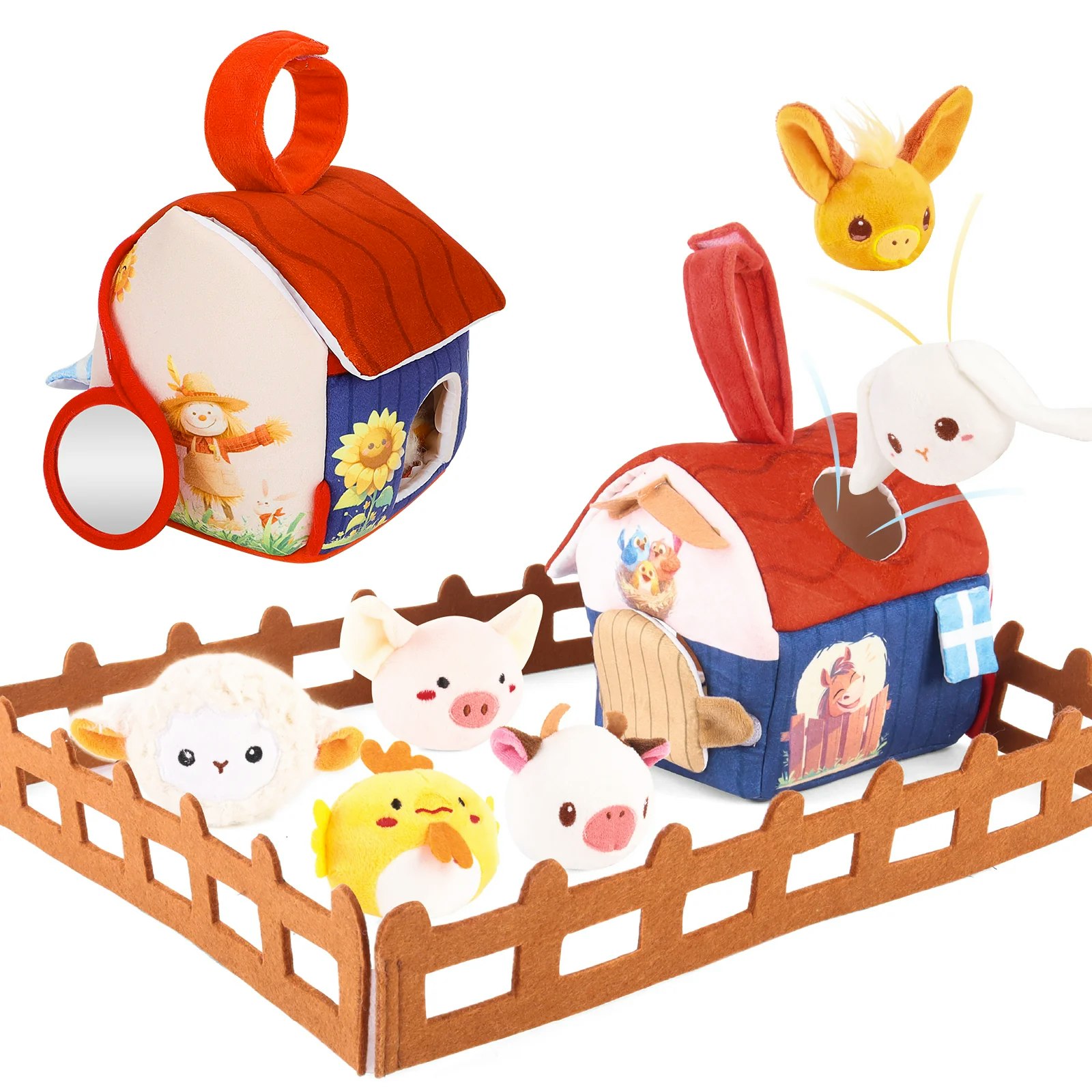 Deao Toys Plush Barn With Stuffed Farm Animals, Rattle,Crinkle Paper & Baby Mirror - 3+ - Multi