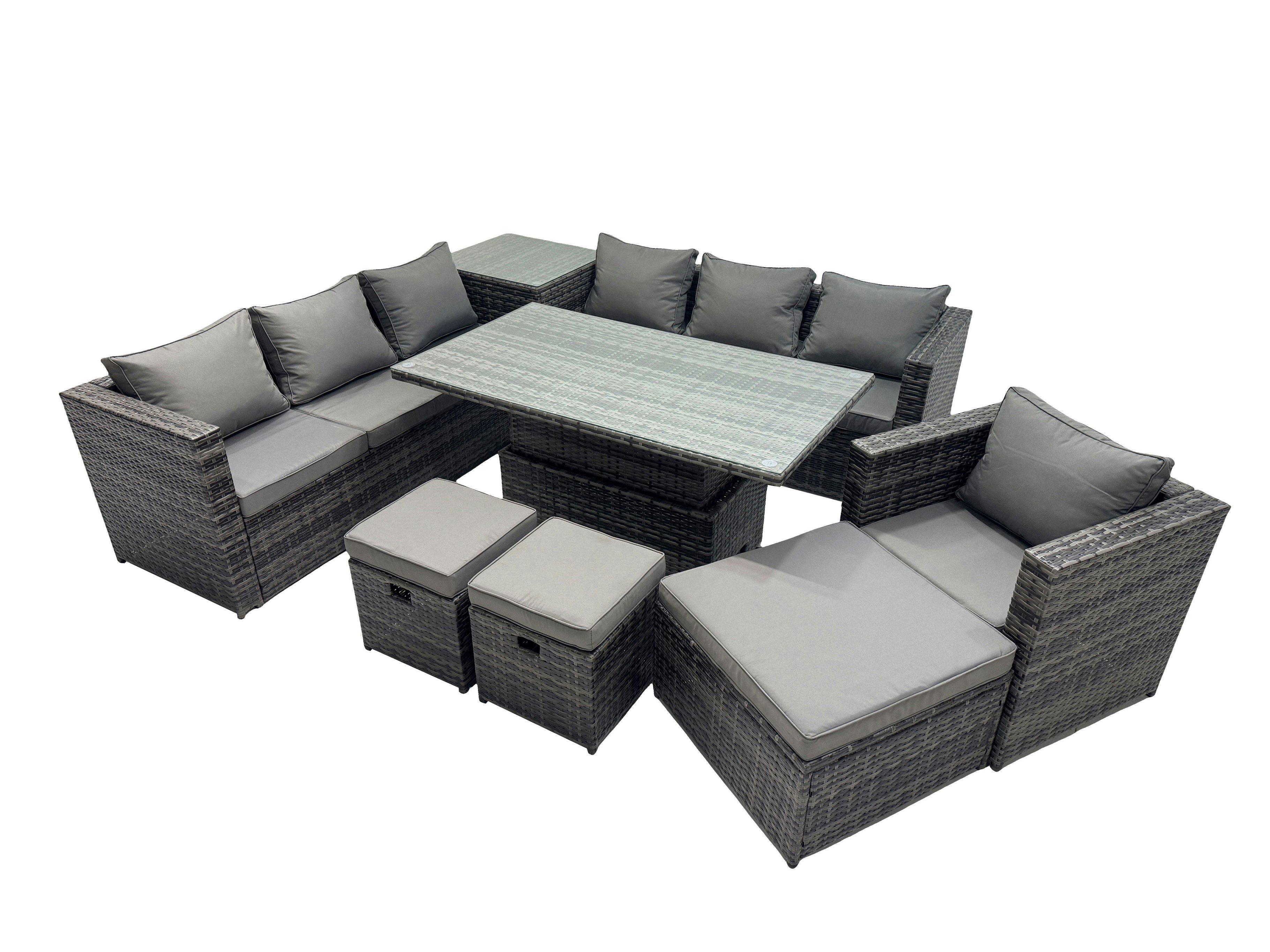 Fimous Dark/Grey 10 Seater Outdoor Corner Sofa Height Adjustable Rising Lifting Table Set Garden Rattan Furniture Set With Side Table 3 Stool
