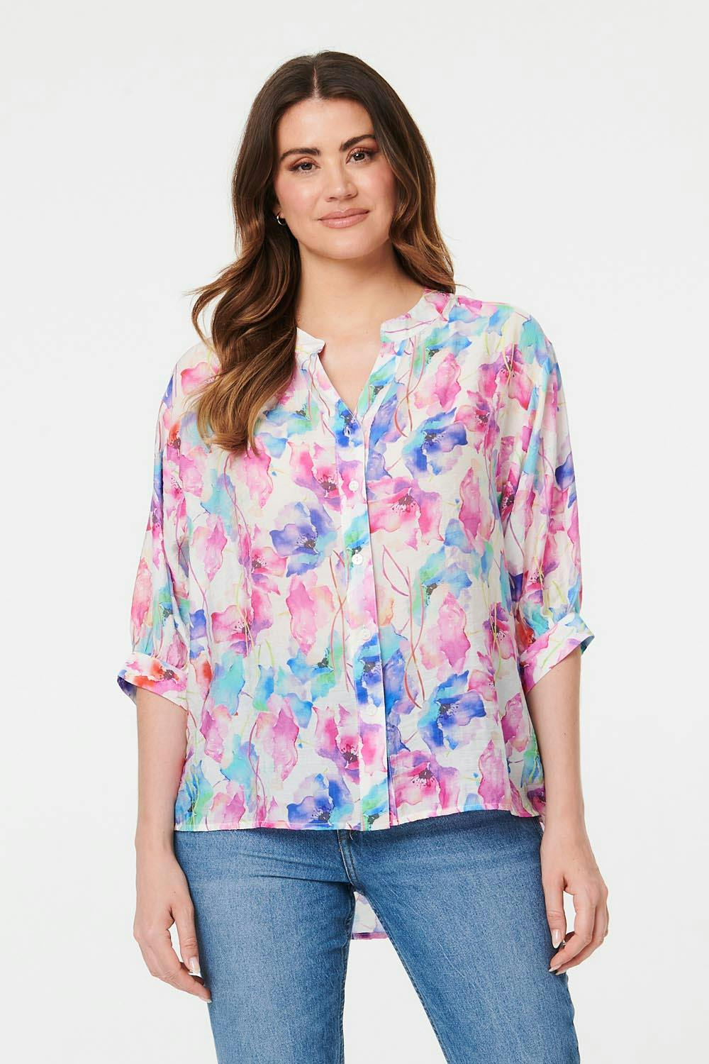 Izabel London Pink Floral 1/2 Sleeve Curve Hem Blouse - 12
