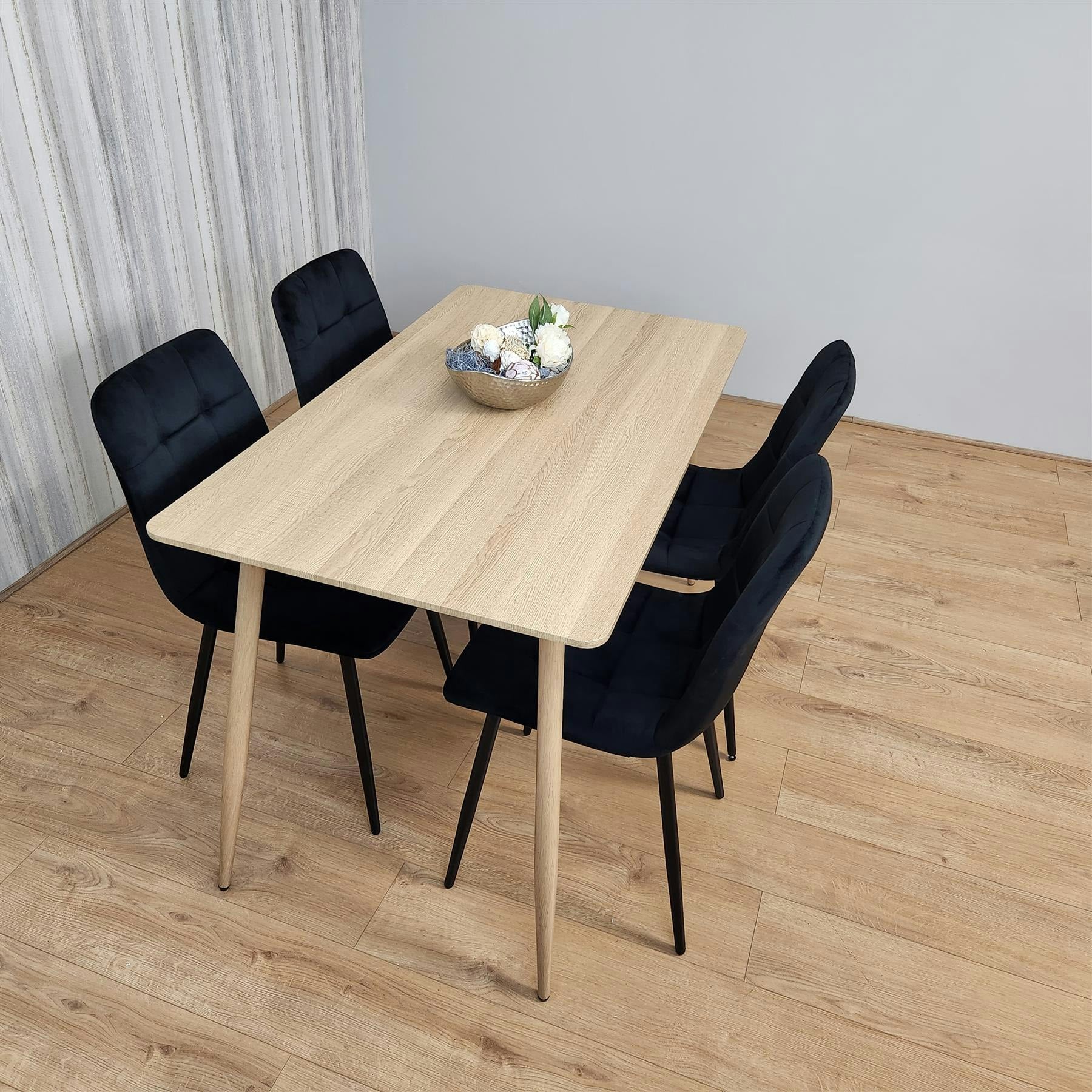 Portland 4 Seater Velvet Dining Set - Black - Wood Effect - Image 6