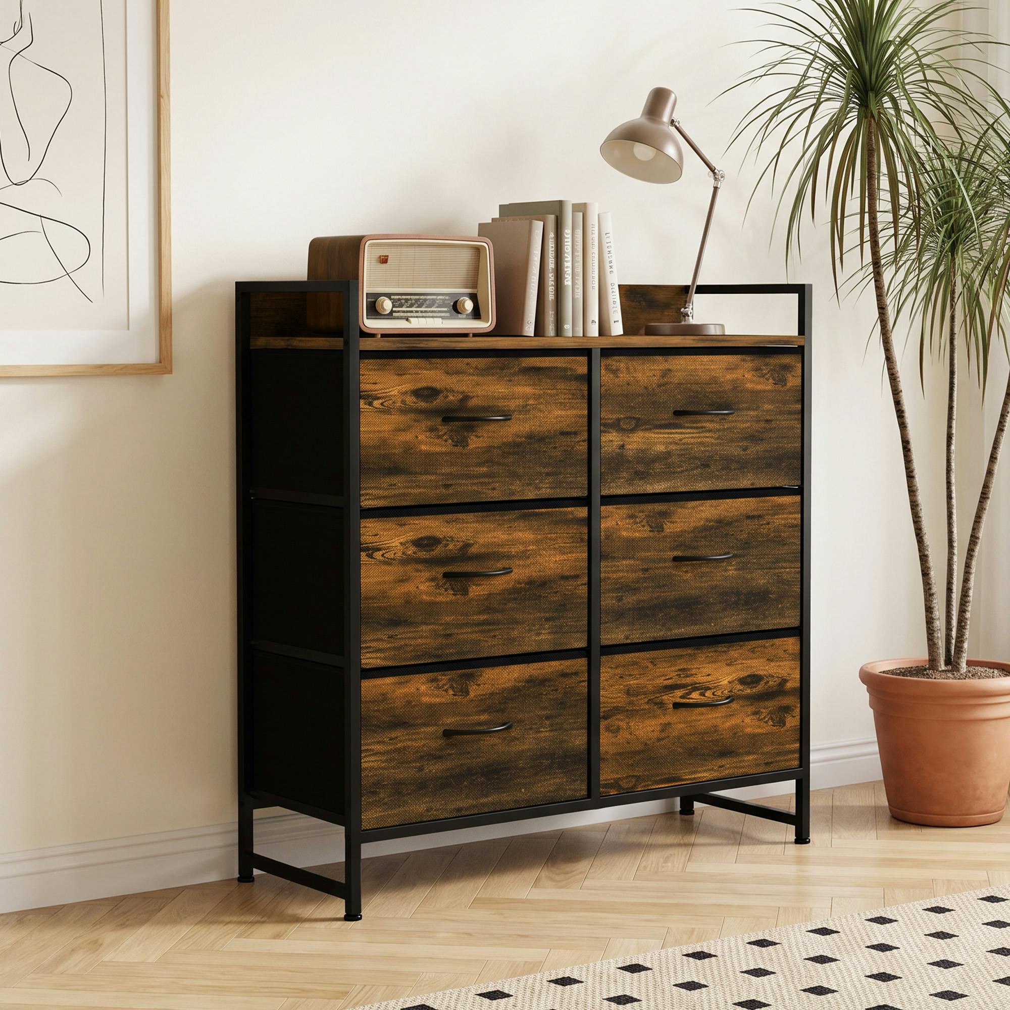 Homcom Rustic Brown Rustic Chest Of Six Fabric Drawers - Image 2