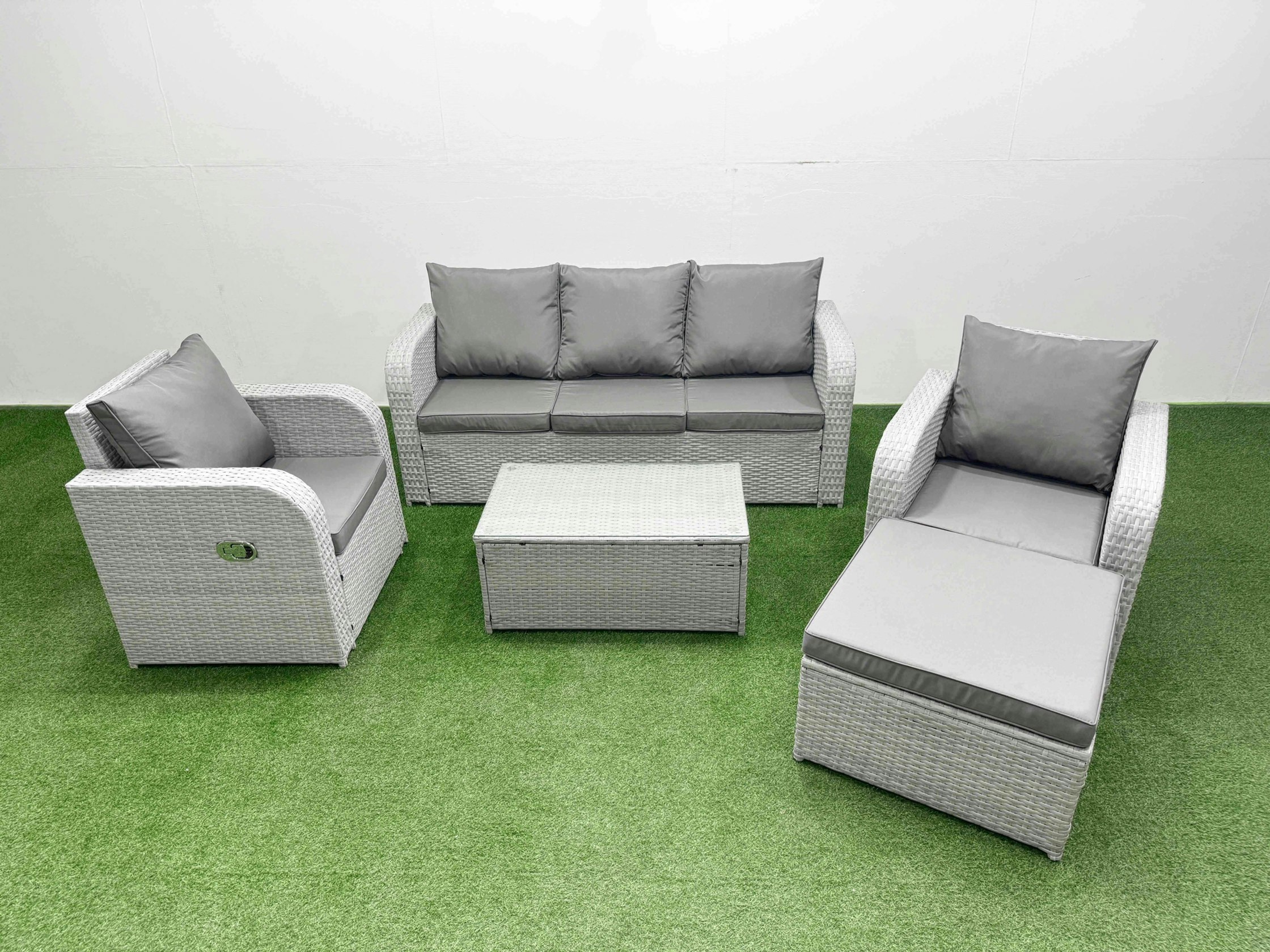 Fimous Light/Grey Pe Rattan Garden Furniture Set Reclining Chair Sofa Lounge Sofa Set Oblong Coffee Table Big Footstool