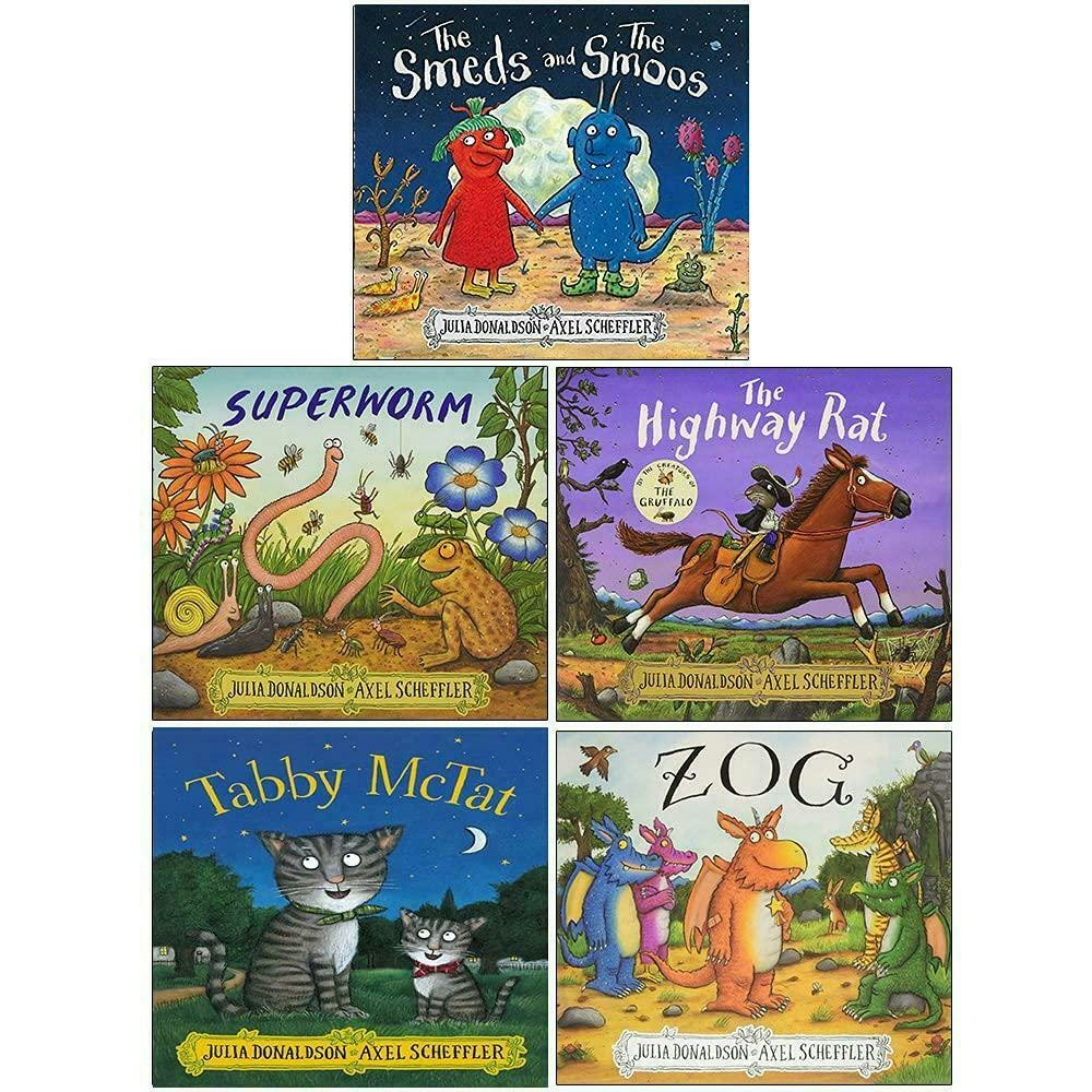 Alison Green Books Red/Blue/Purple Julia Donaldson 5 Book Collection - The Smeds & The Smoos, Super Worm, Highway Rat, Tabby Mctat, Zog
