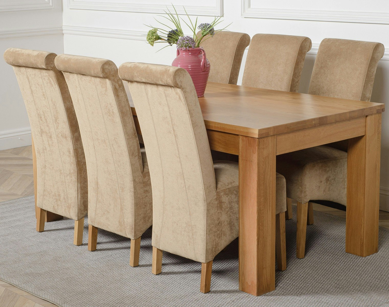 That's Furniture Beige Dakota Large Oak Dining Table With Montana Fabric Chairs - 6 Chairs