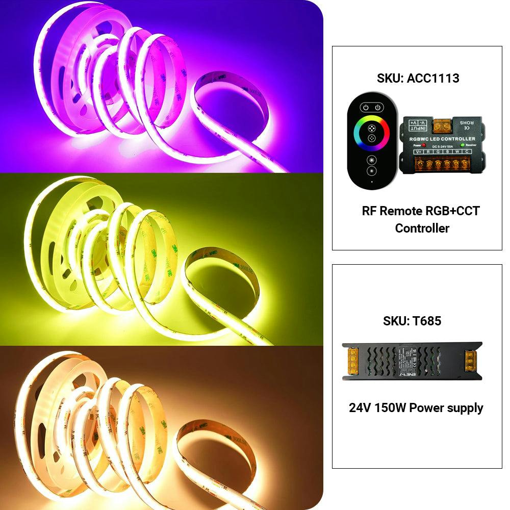 Rackhams Light 24V Rgb+Cct Cob Led Strip S, 5 Meter Roll (With Power Supply And Remote Controller)