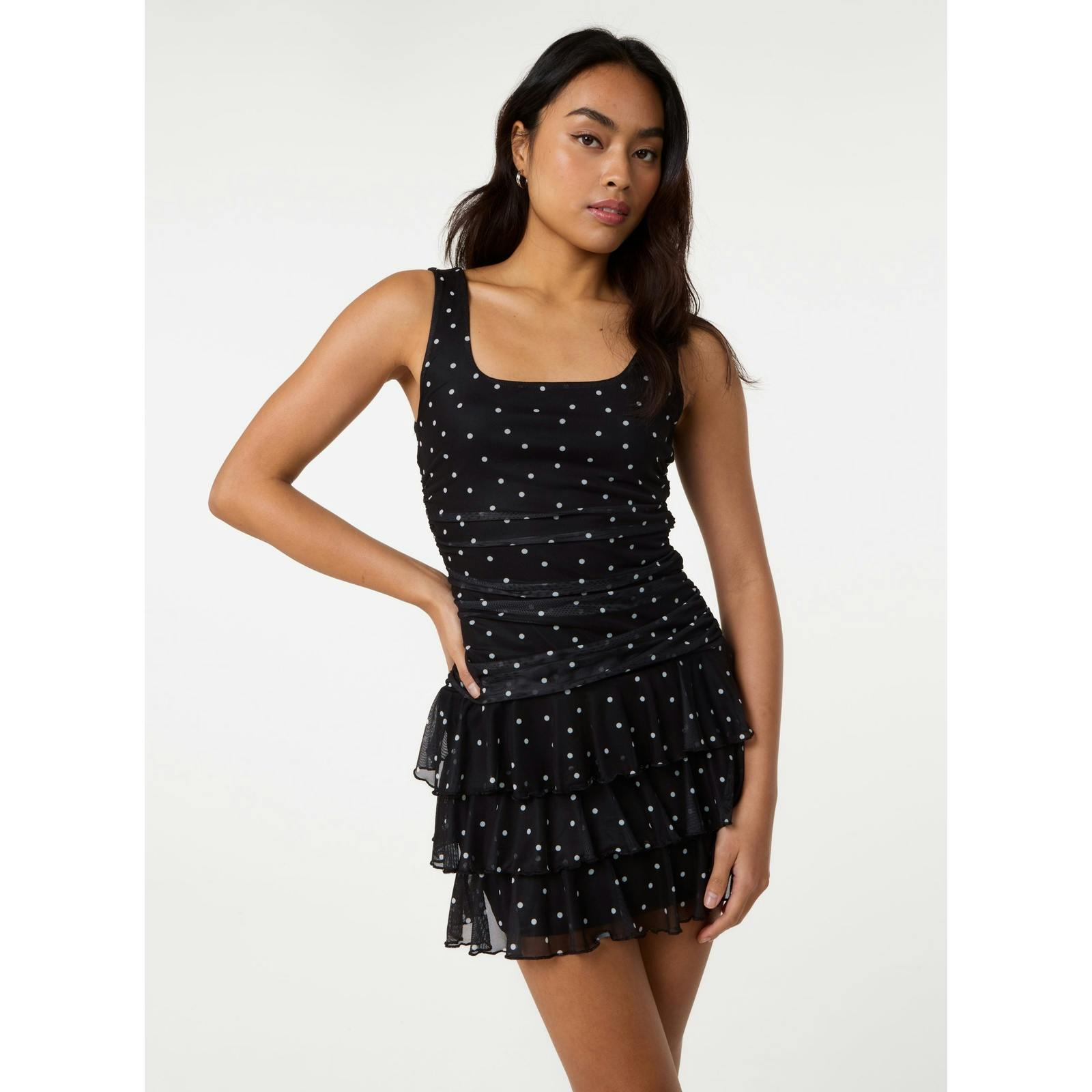 Pink Vanilla Pink/Black Vanilla Polka Dot Square Neck Mesh Dress - L